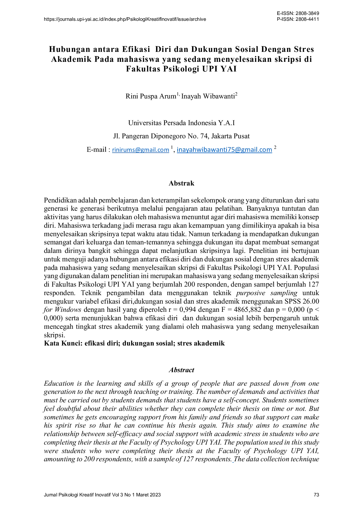 JURIS Hubungan antara Efikasi Diri dan Dukungan Sosial Dengan Stres Akademik Pada mahasiswa yang sedang menyelesaikan skripsi di Fakultas Psikologi UPI YAI
