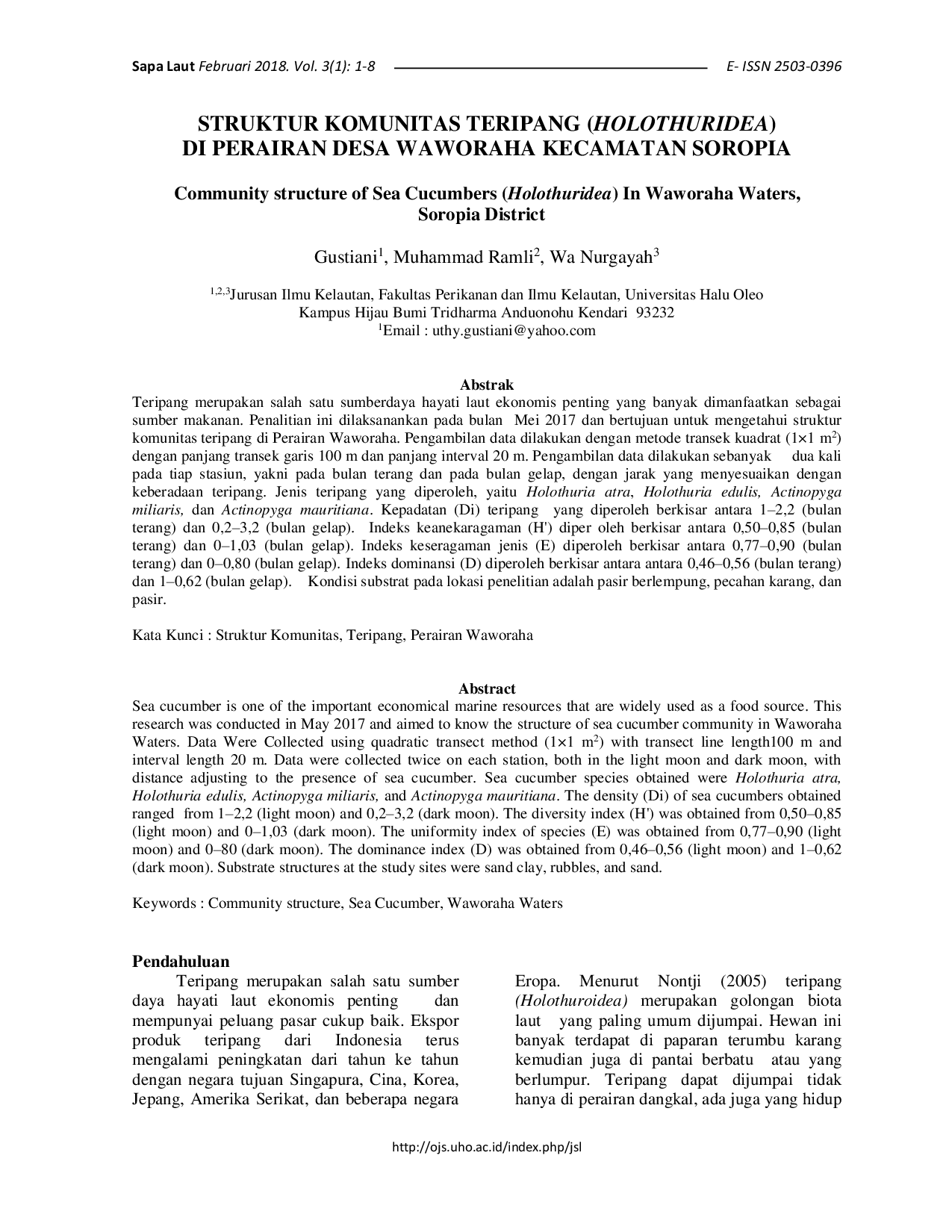JURIS Structure of Sea Cucumber Holothuridea in Waworaha Waters Soropia District