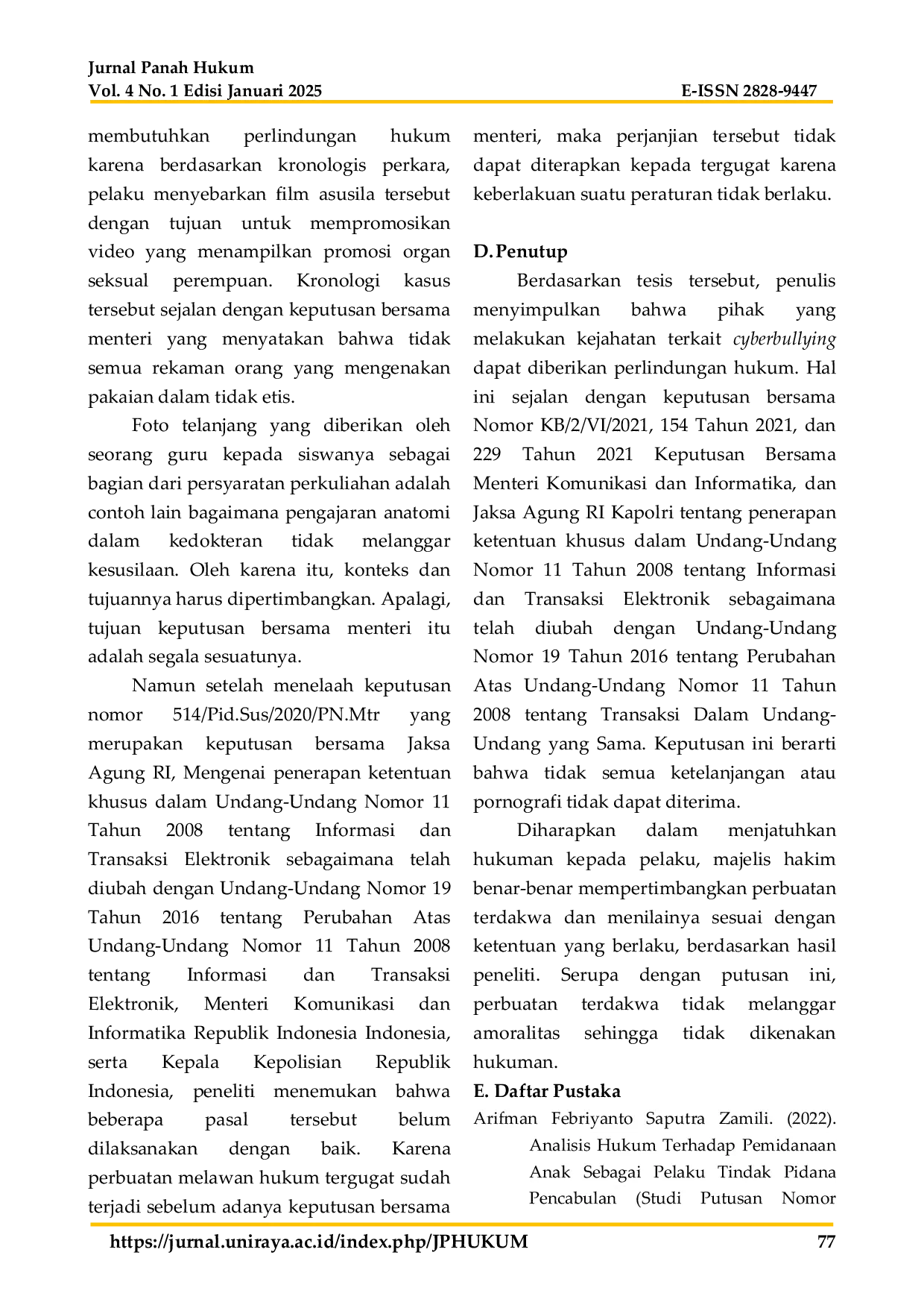 JURIS Perlindungan Hukum Terhadap Pelaku Tindak Pidana Cyberbullying