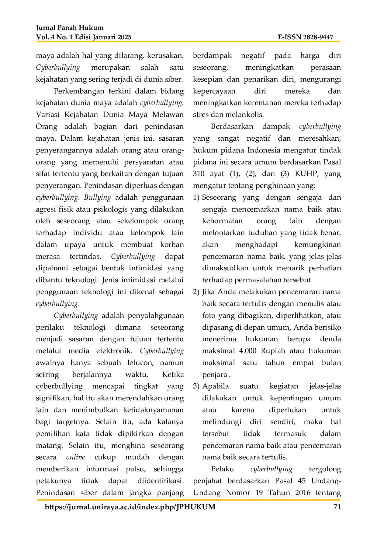 JURIS Perlindungan Hukum Terhadap Pelaku Tindak Pidana Cyberbullying