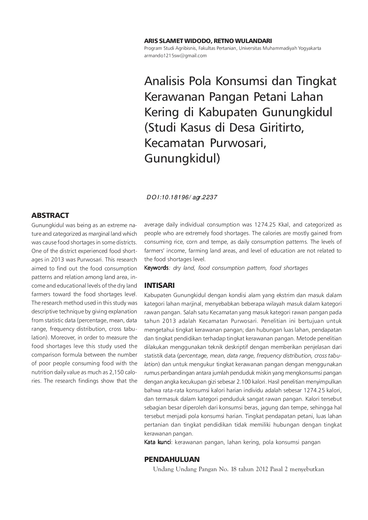 JURIS Analisis Pola Konsumsi dan Tingkat Kerawanan Pangan Petani Lahan Kering di Kabupaten Gunungkidul Studi Kasus di Desa Giritirto Kecamatan Purwosari Gunungkidul