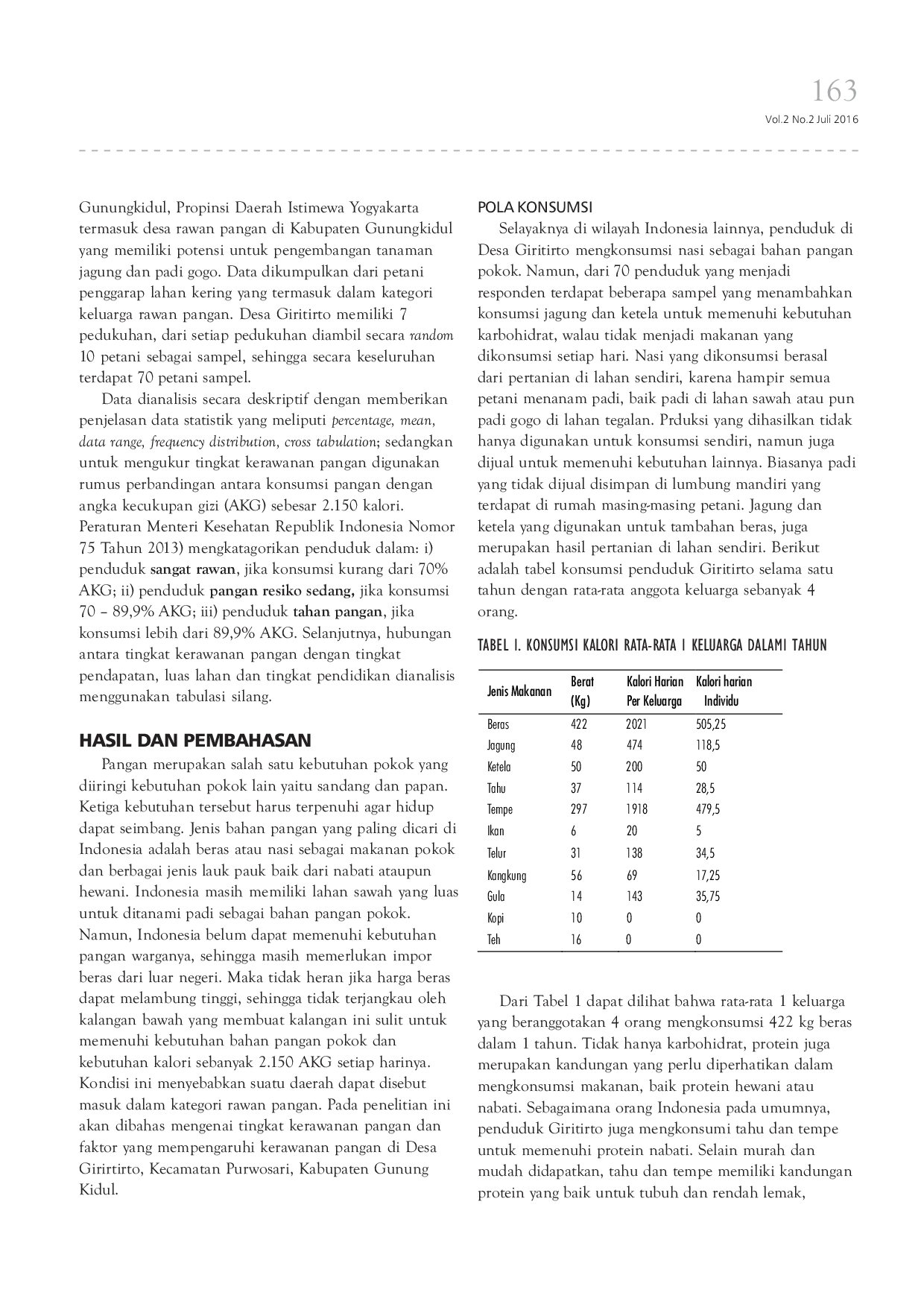 JURIS Analisis Pola Konsumsi dan Tingkat Kerawanan Pangan Petani Lahan Kering di Kabupaten Gunungkidul Studi Kasus di Desa Giritirto Kecamatan Purwosari Gunungkidul