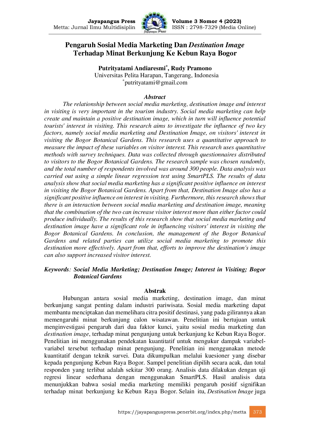 JURIS Pengaruh Sosial Media Marketing Dan Destination Image Terhadap Minat Berkunjung Ke Kebun Raya Bogor