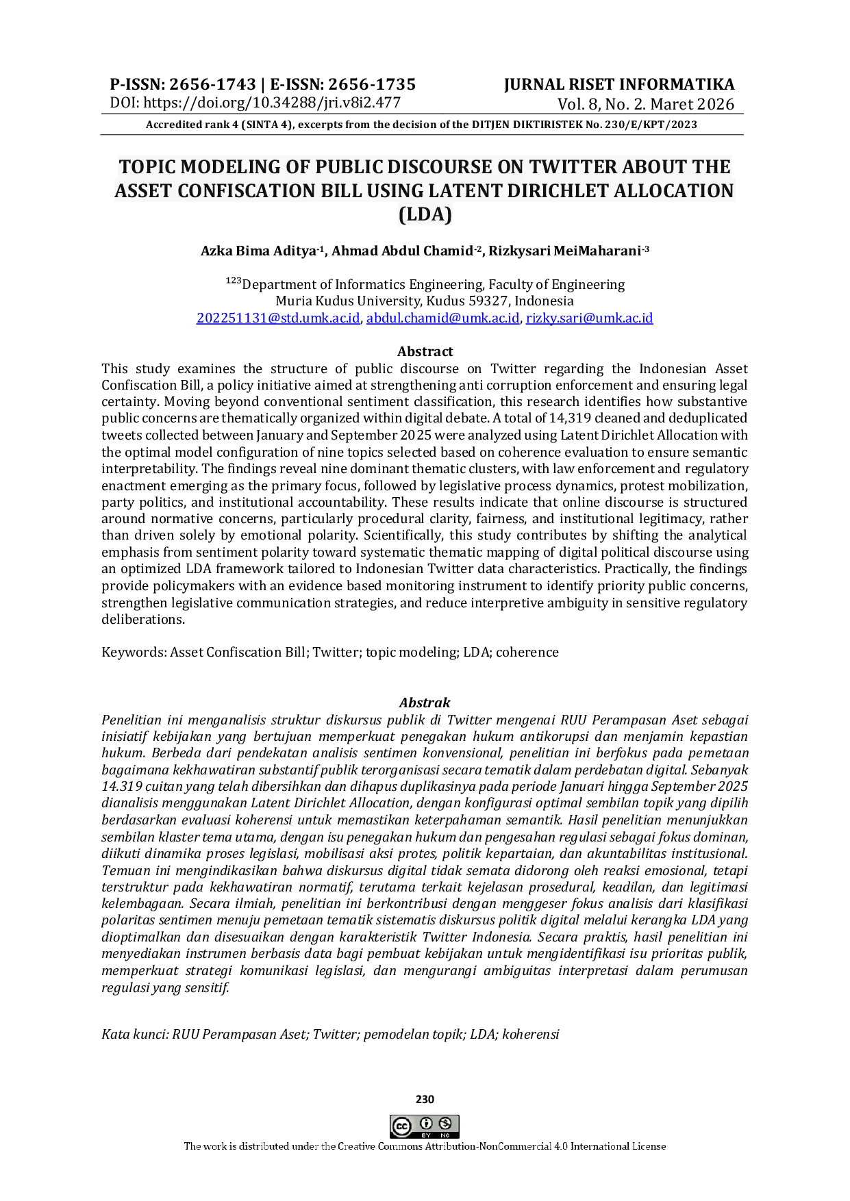 JURIS Topic Modeling of Public Discourse on Twitter About the Asset Confiscation Bill Using Latent Dirichlet Allocation LDA