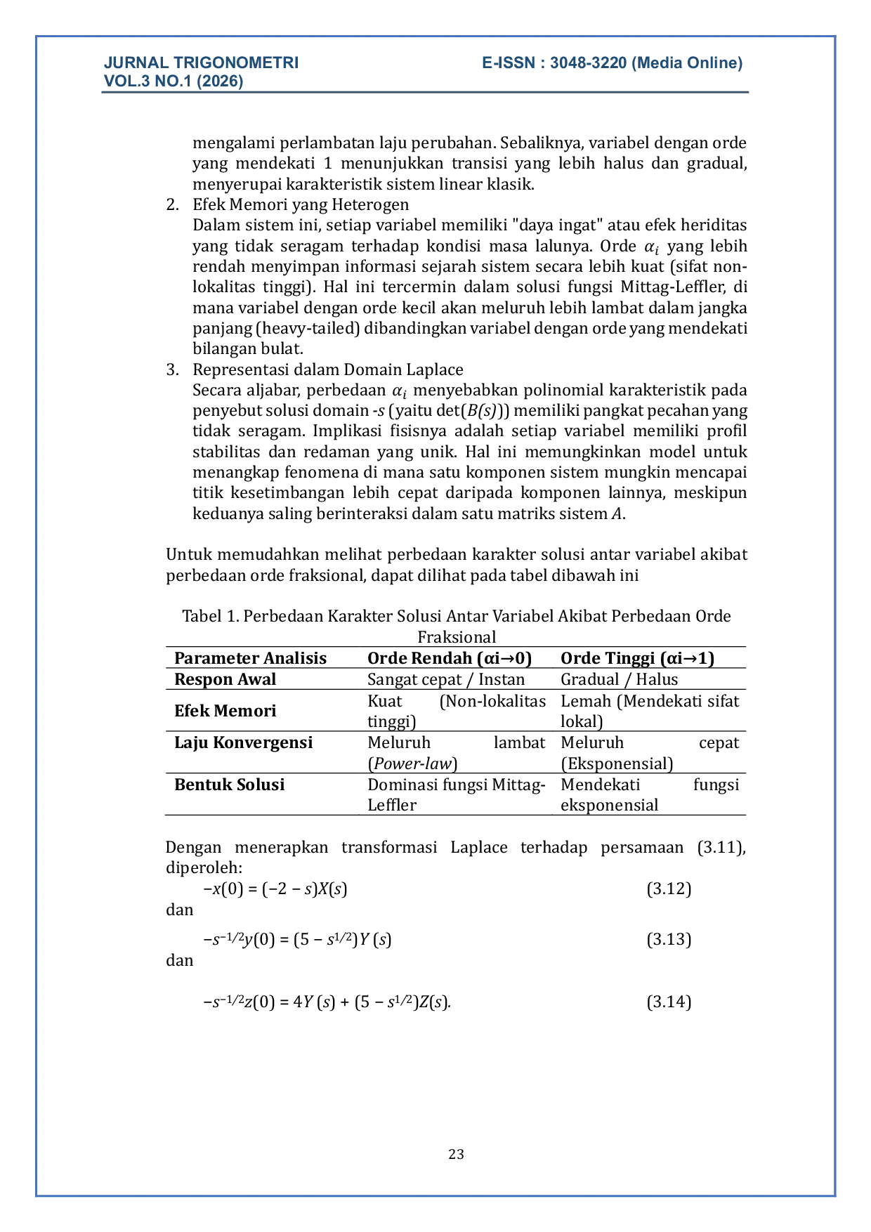 JURIS Solusi Analitik Sistem Persamaan Diferensial Fraksional Linier Dengan Orde Fraksional Berbeda Melalui Transformasi Laplace