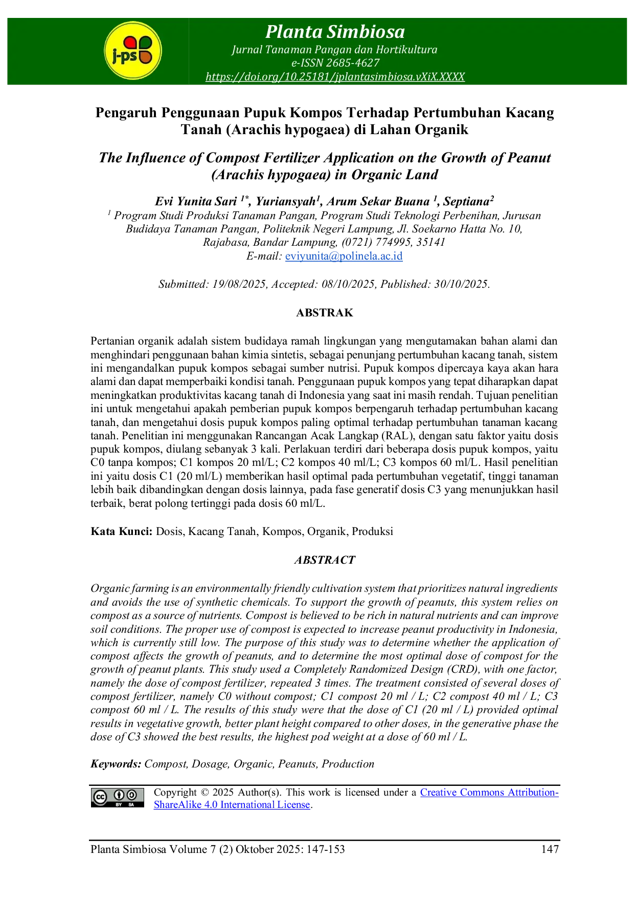 JURIS Pengaruh Penggunaan Pupuk Kompos Terhadap Pertumbuhan Kacang Tanah Arachis hypogaea di Lahan Organik