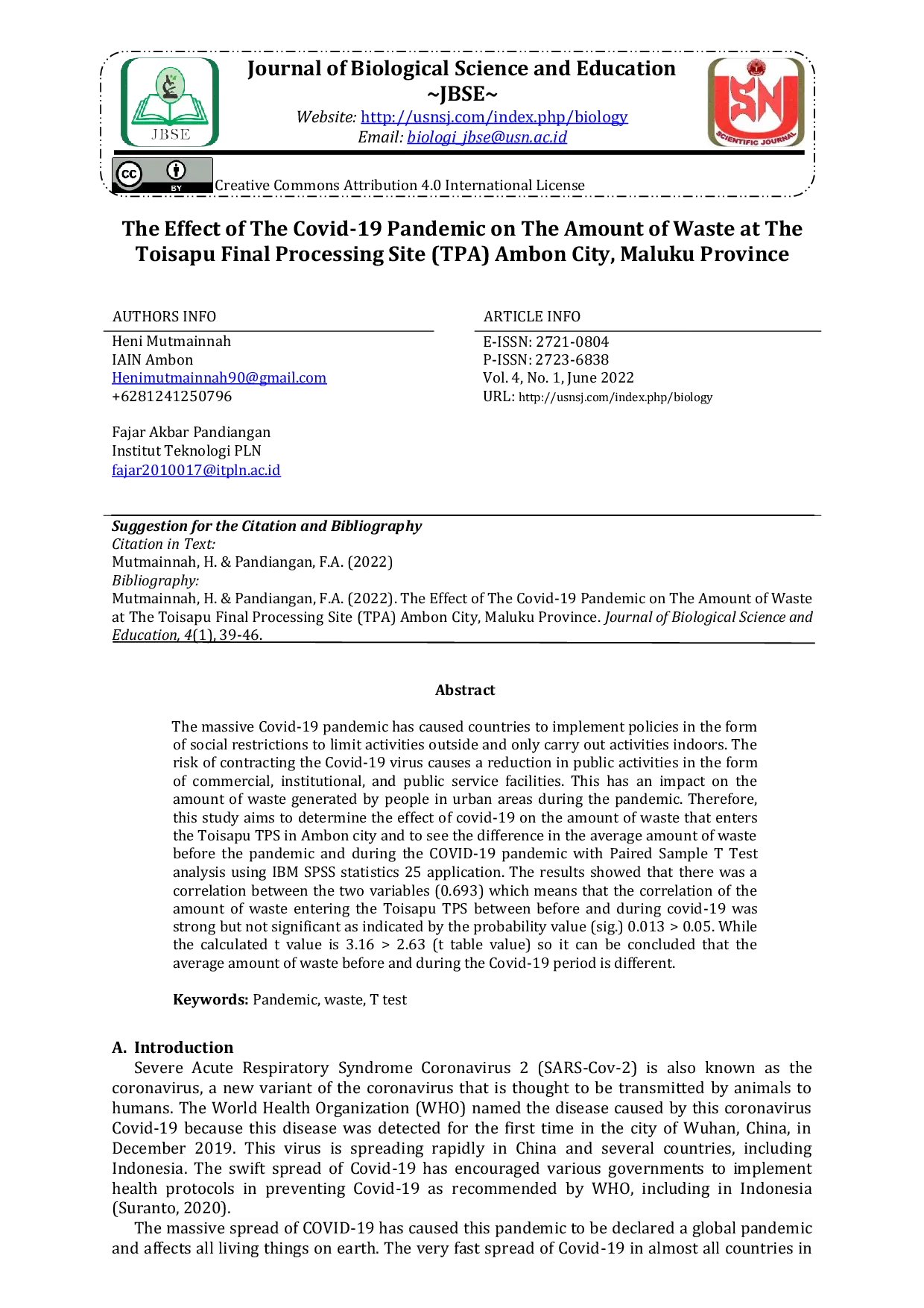 JURIS The Effect of The Covid 19 Pandemic on The Amount of Waste at The Toisapu Final Processing Site TPA Ambon City Maluku Province