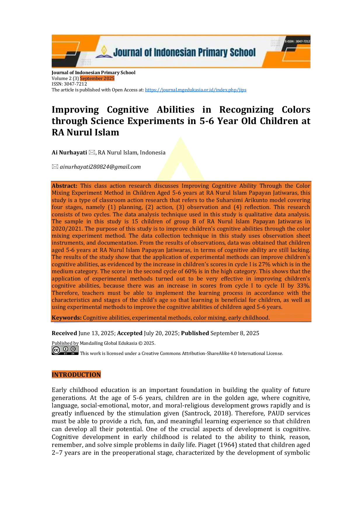 JURIS Improving Cognitive Abilities In Recognizing Colors Through Science Experiments In 5 6 Year Old Children At Ra Nurul Islam