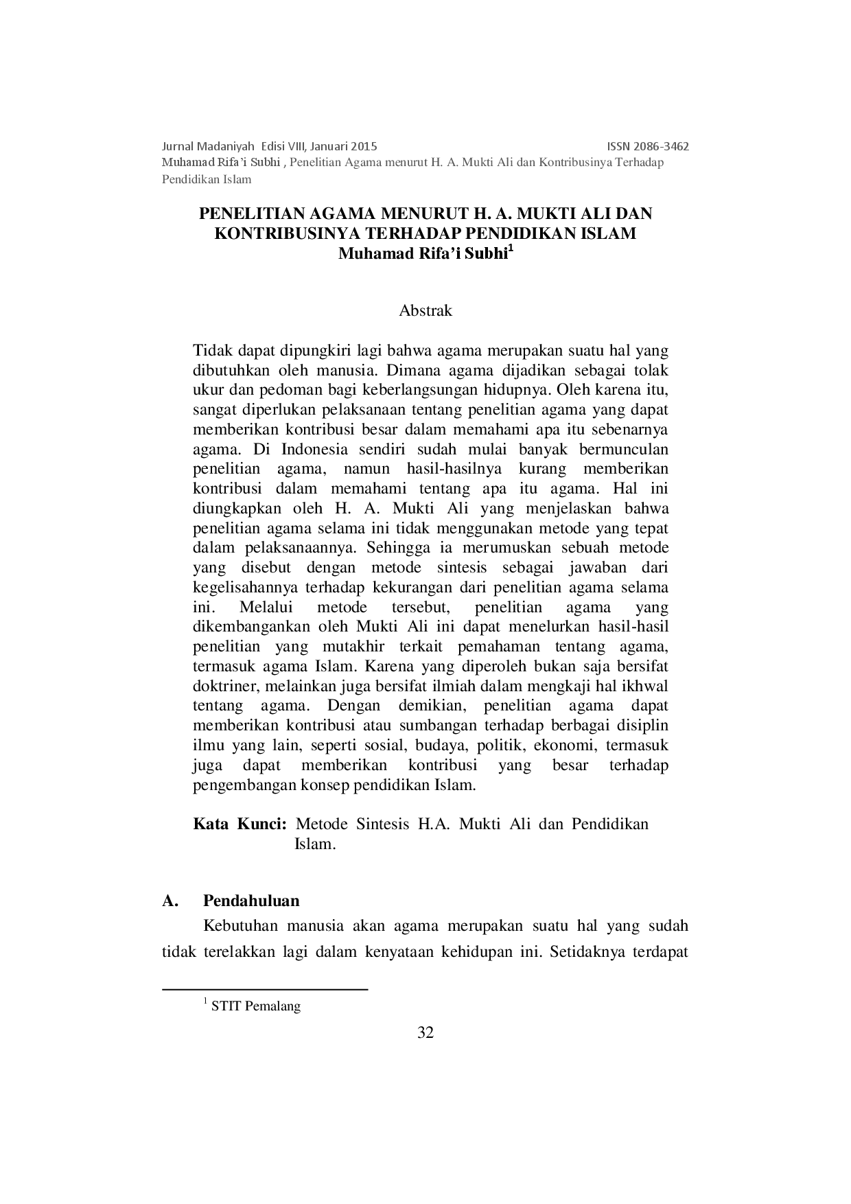 juris Penelitian Agama Menurut H A Mukti Ali dan Kontribusinya Terhadap Pendidikan Islam