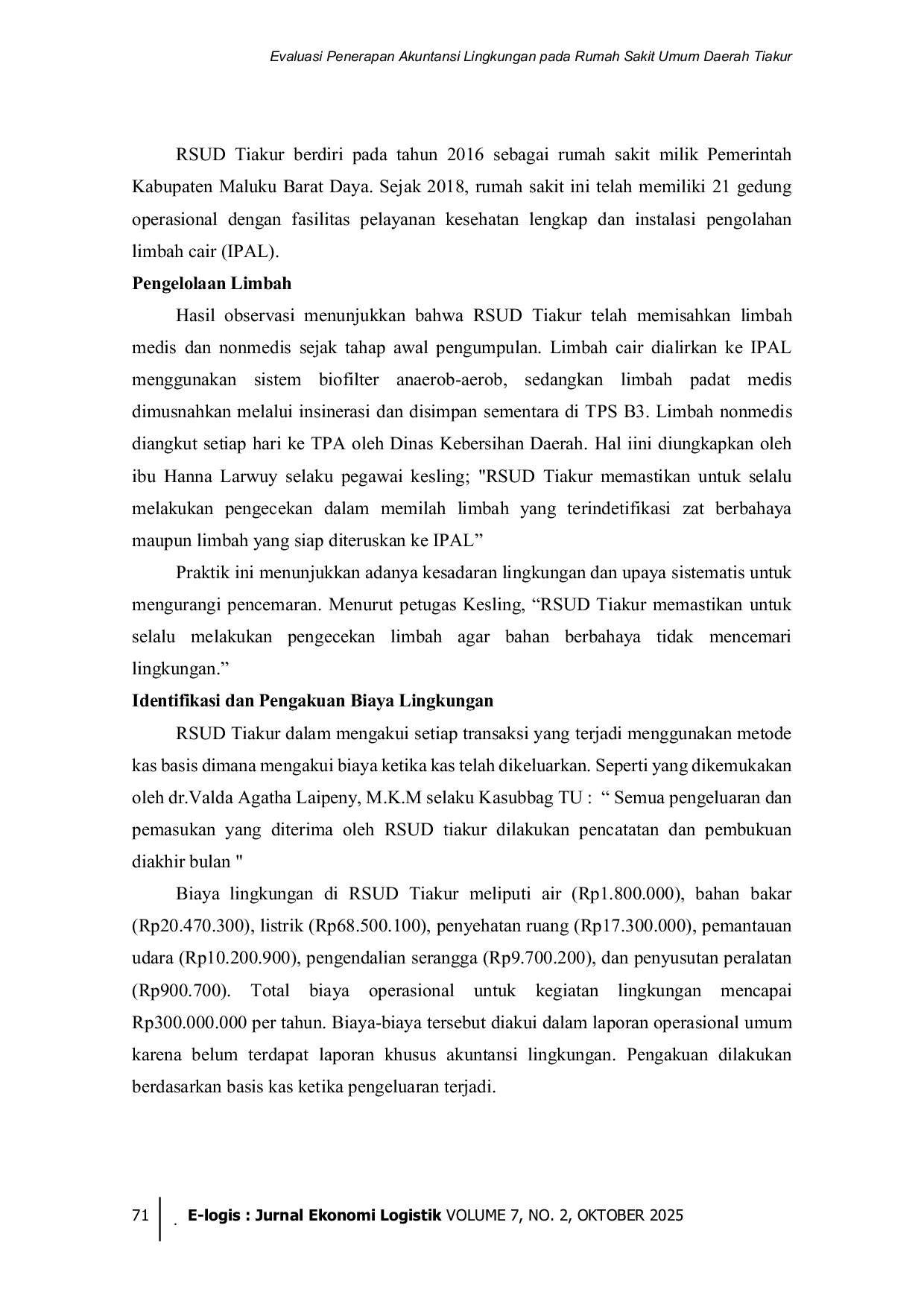 JURIS Evaluasi Penerapan Akuntansi Lingkungan pada Rumah Sakit Umum Daerah Tiakur