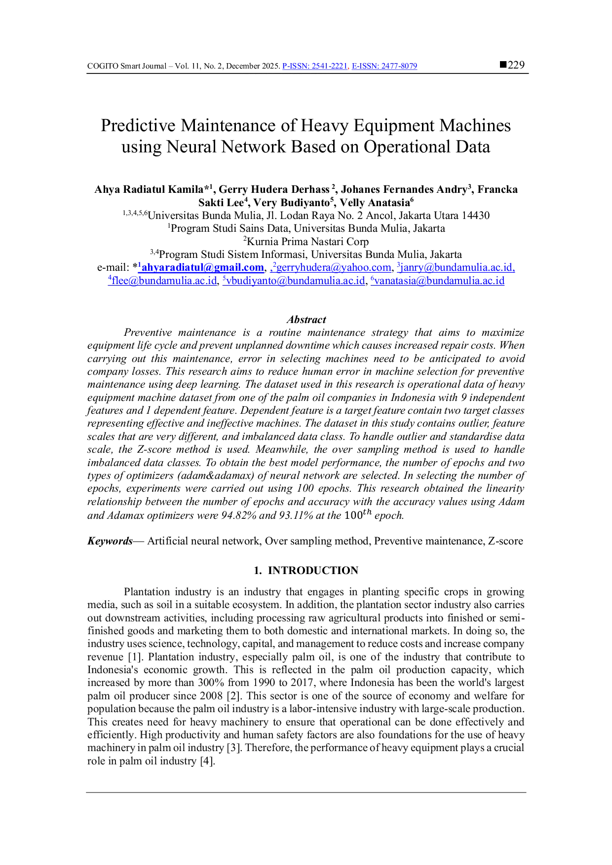 JURIS Predictive Maintenance of Heavy Equipment Machines using Neural Network Based on Operational Data