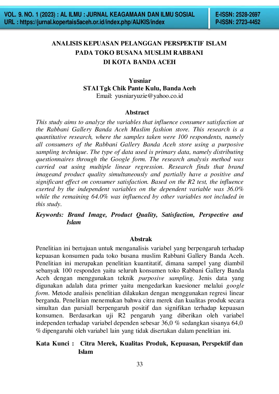 JURIS Analisis Kepuasan Pelanggan Perspektif Islam pada Toko Busana Muslim Rabbani di Kota Banda Aceh