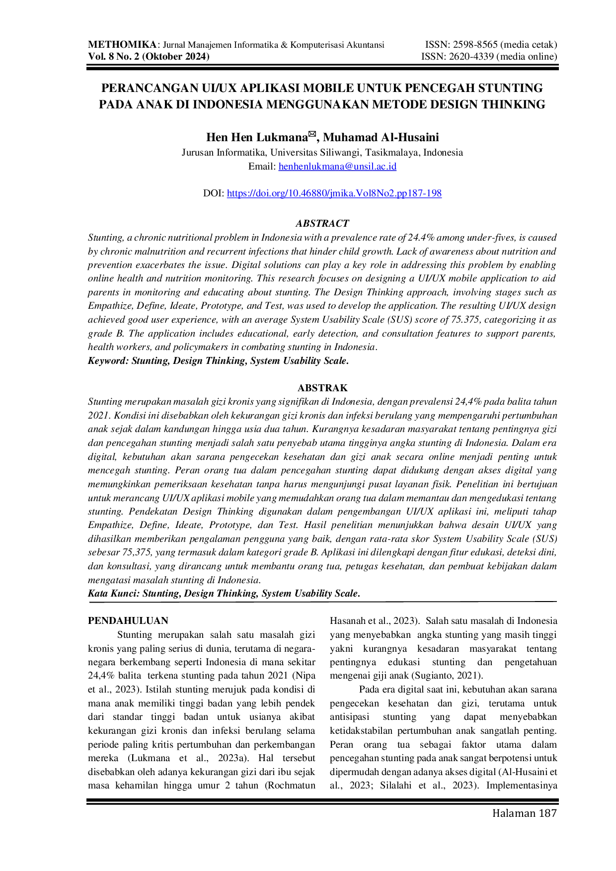 JURIS Perancangan Ui Ux Aplikasi Mobile Untuk Pencegahan Stunting Pada Anak Di Indonesia Menggunakan Metode Design Thinking