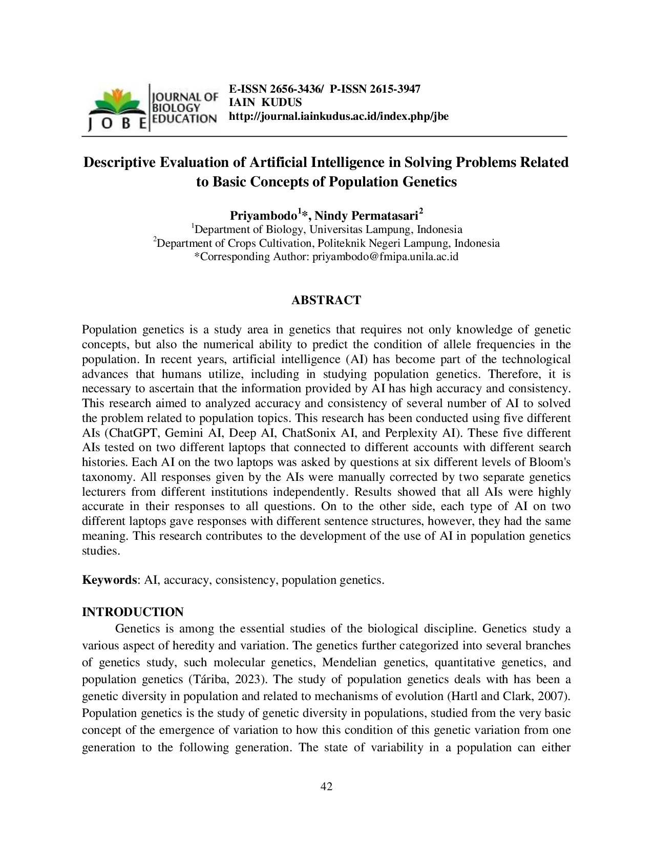 JURIS Descriptive Evaluation of Artificial Intelligence in Solving Problems Related to Basic Concepts of Population Genetics