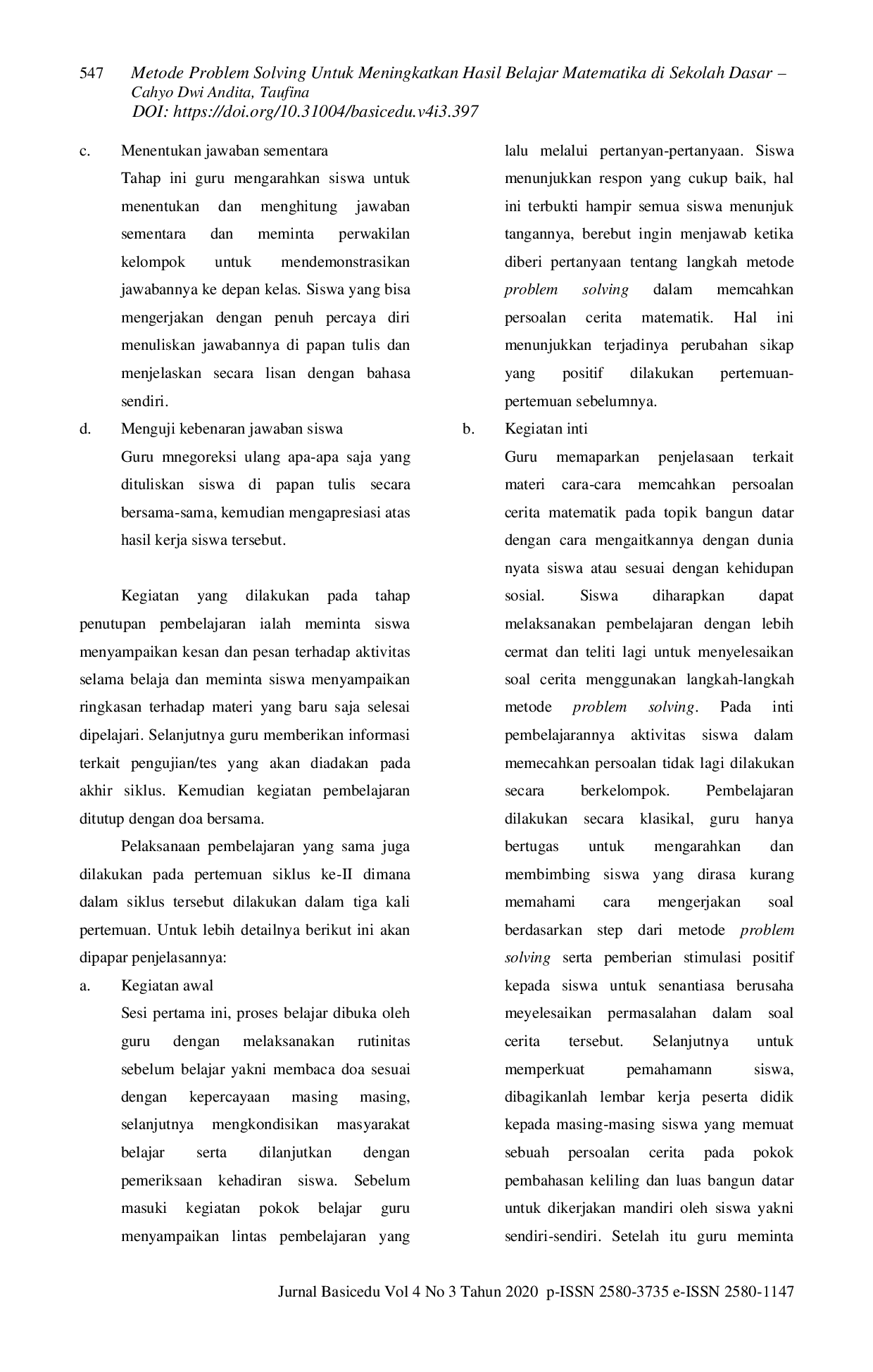 JURIS Metode Problem Solving Untuk Meningkatkan Hasil Belajar Matematika di Sekolah Dasar