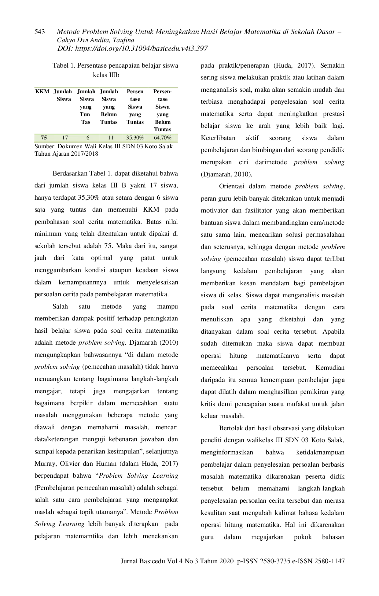 JURIS Metode Problem Solving Untuk Meningkatkan Hasil Belajar Matematika di Sekolah Dasar