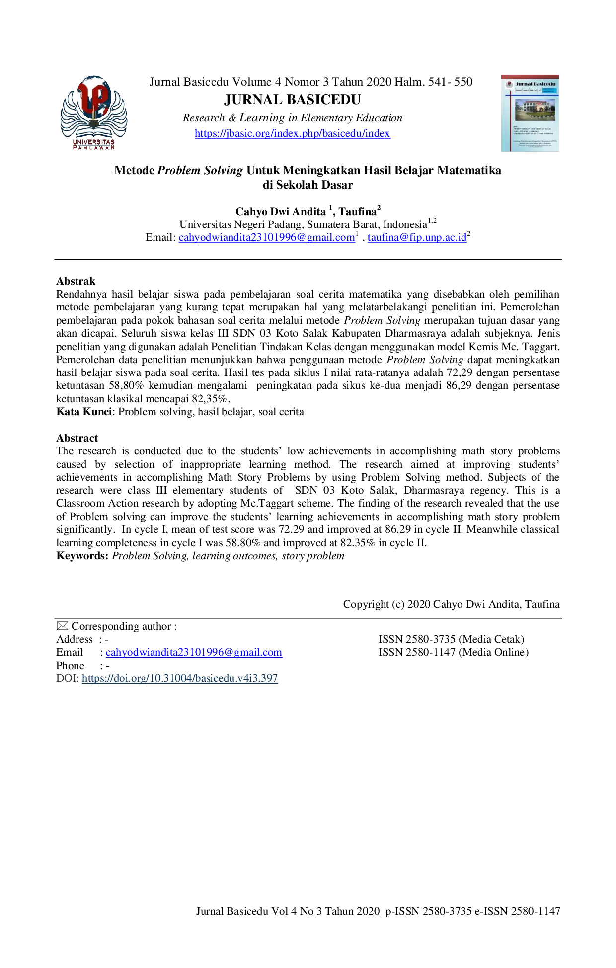 JURIS Metode Problem Solving Untuk Meningkatkan Hasil Belajar Matematika di Sekolah Dasar
