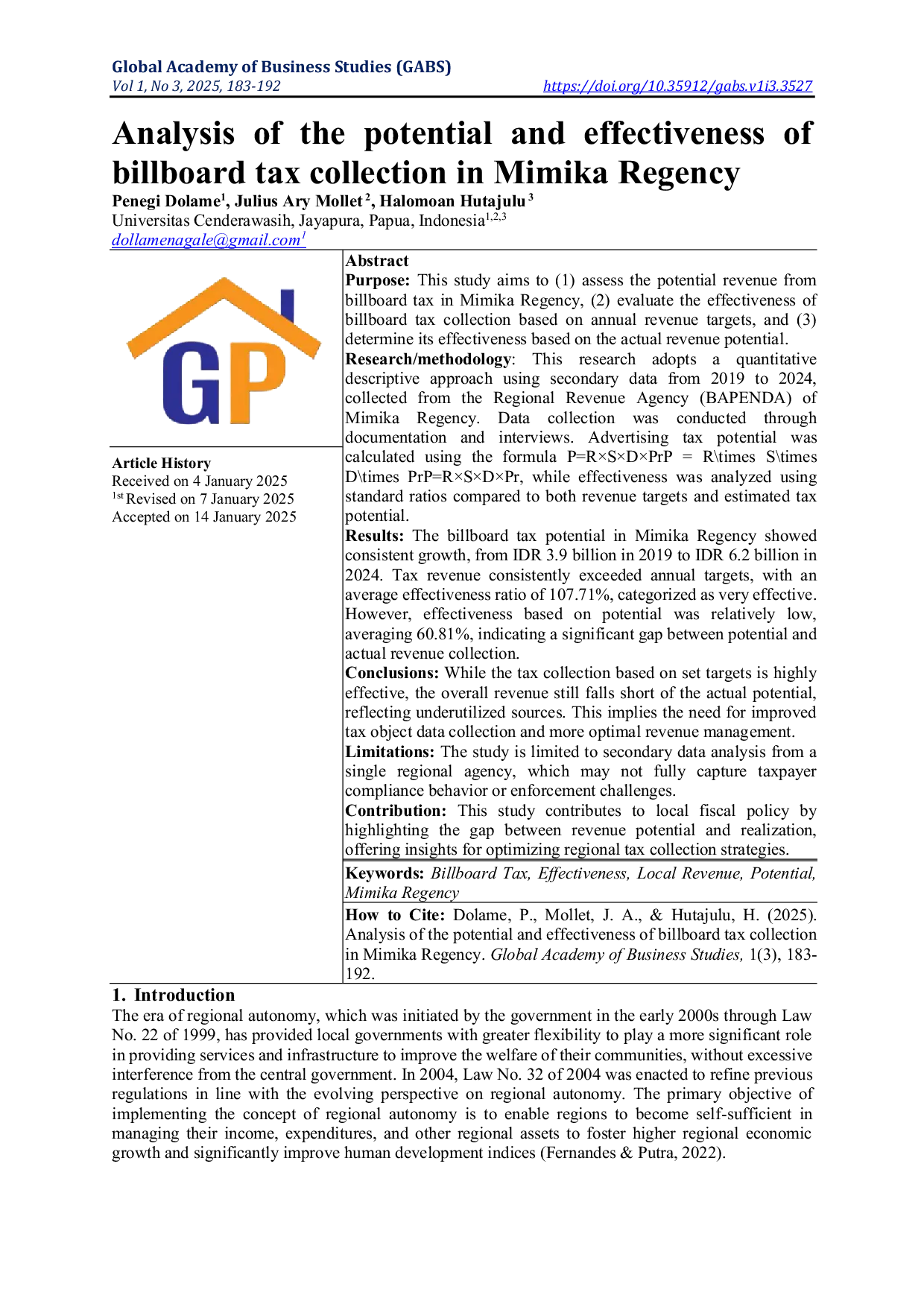 JURIS Analysis of the potential and effectiveness of billboard tax collection in Mimika Regency