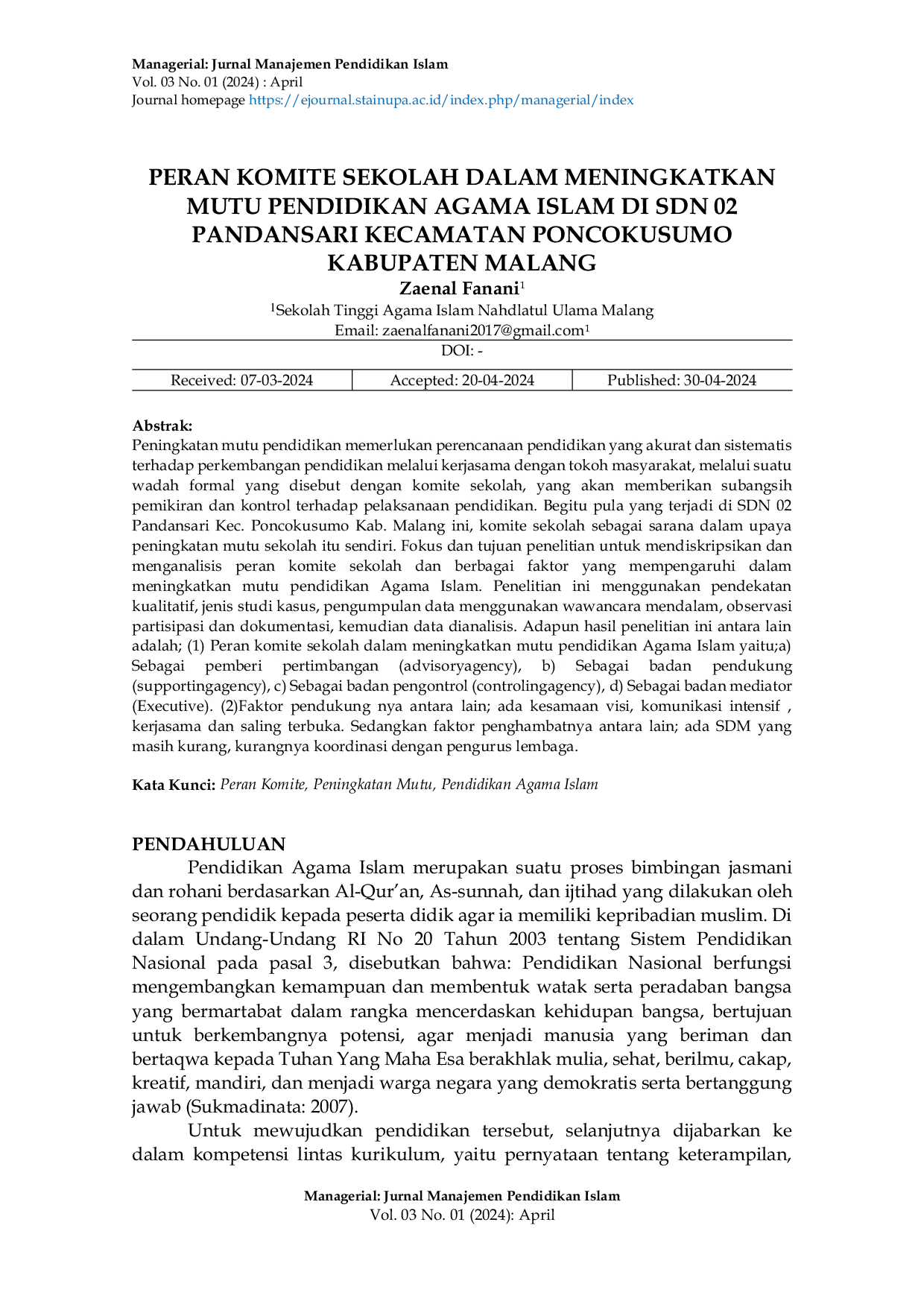 JURIS Peran Komite Sekolah Dalam Meningkatkan Mutu Pendidikan Agama Islam Di Sdn 02 Pandansari Kecamatan Poncokusumo Kabupaten Malang