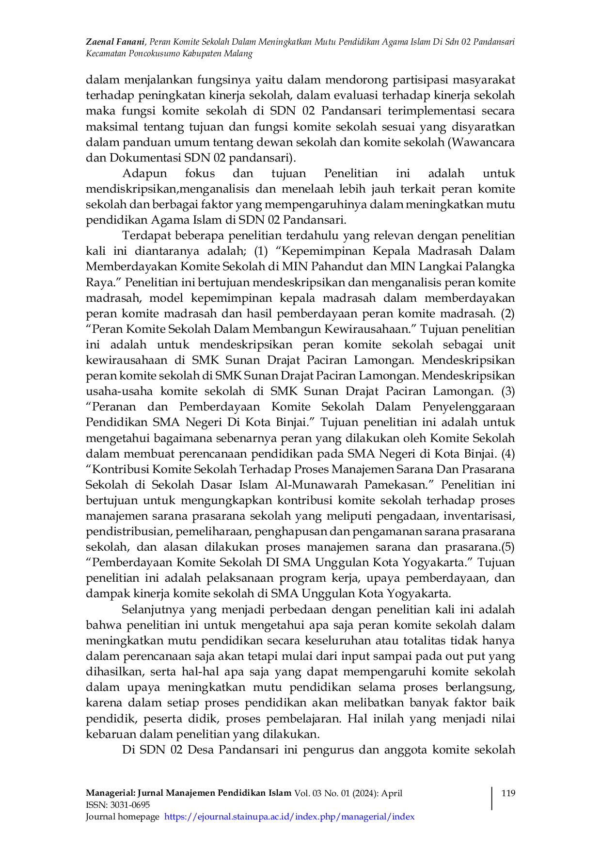JURIS Peran Komite Sekolah Dalam Meningkatkan Mutu Pendidikan Agama Islam Di Sdn 02 Pandansari Kecamatan Poncokusumo Kabupaten Malang