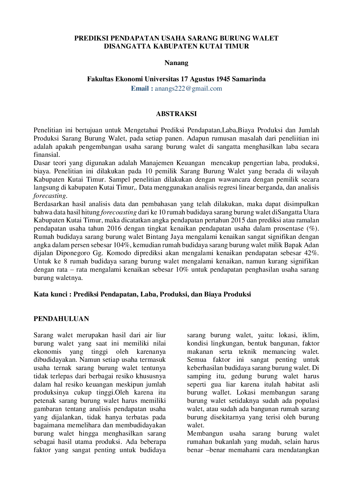 JURIS Prediksi Pendapatan Usaha Sarang Burung Walet