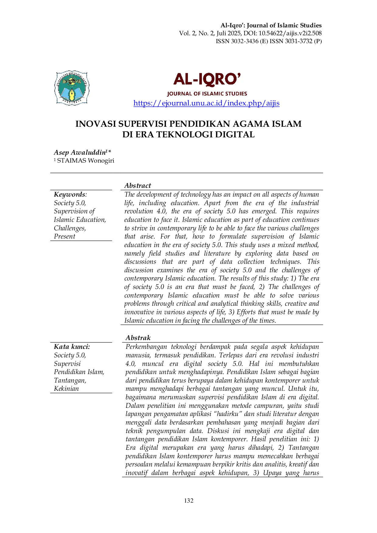 JURIS Inovasi Supervisi Pendidikan Agama Islam Di Era Teknologi Digital