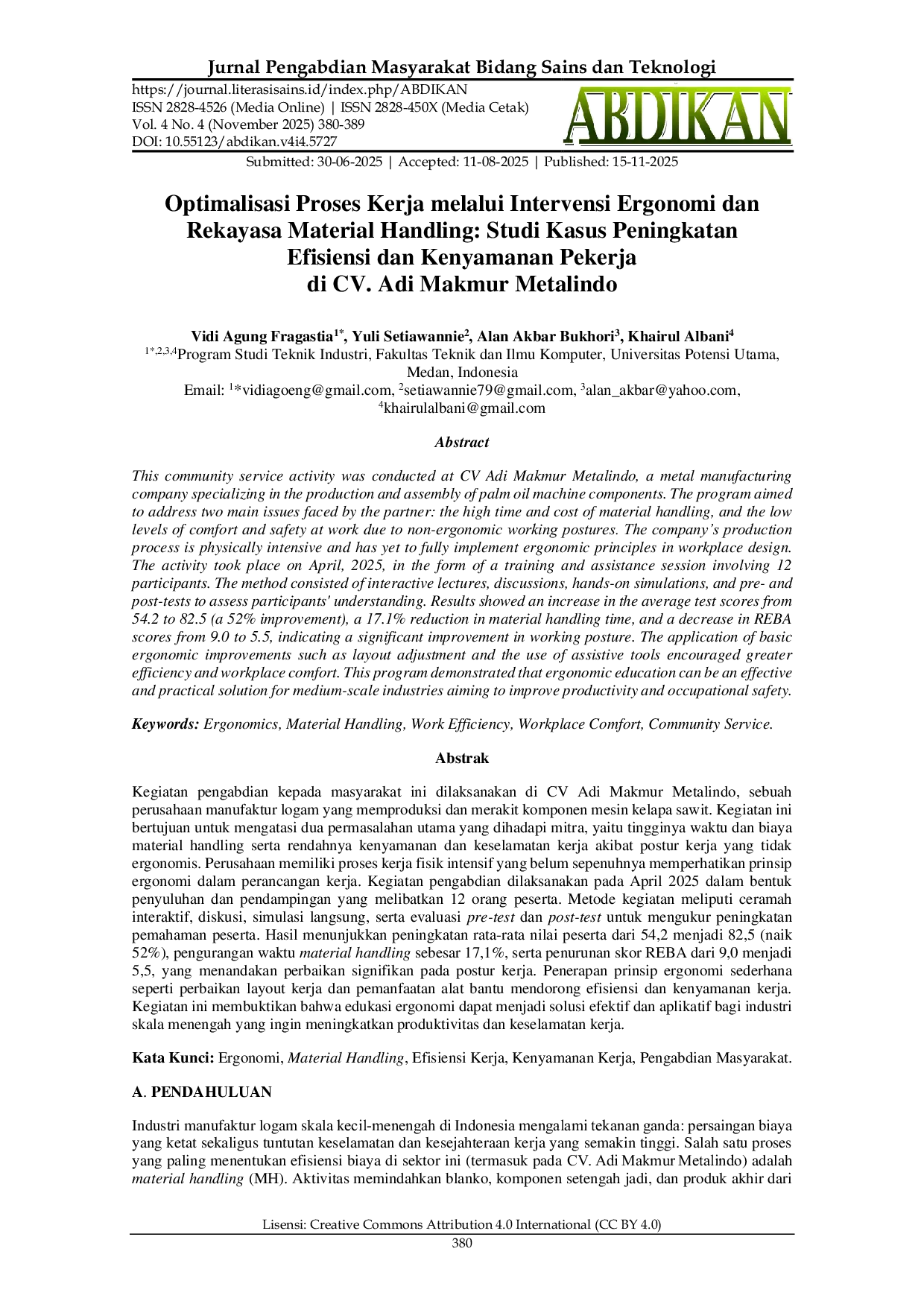 JURIS Optimalisasi Proses Kerja melalui Intervensi Ergonomi dan Rekayasa Material Handling Studi Kasus Peningkatan Efisiensi dan Kenyamanan Pekerja di CV Adi Makmur Metalindo