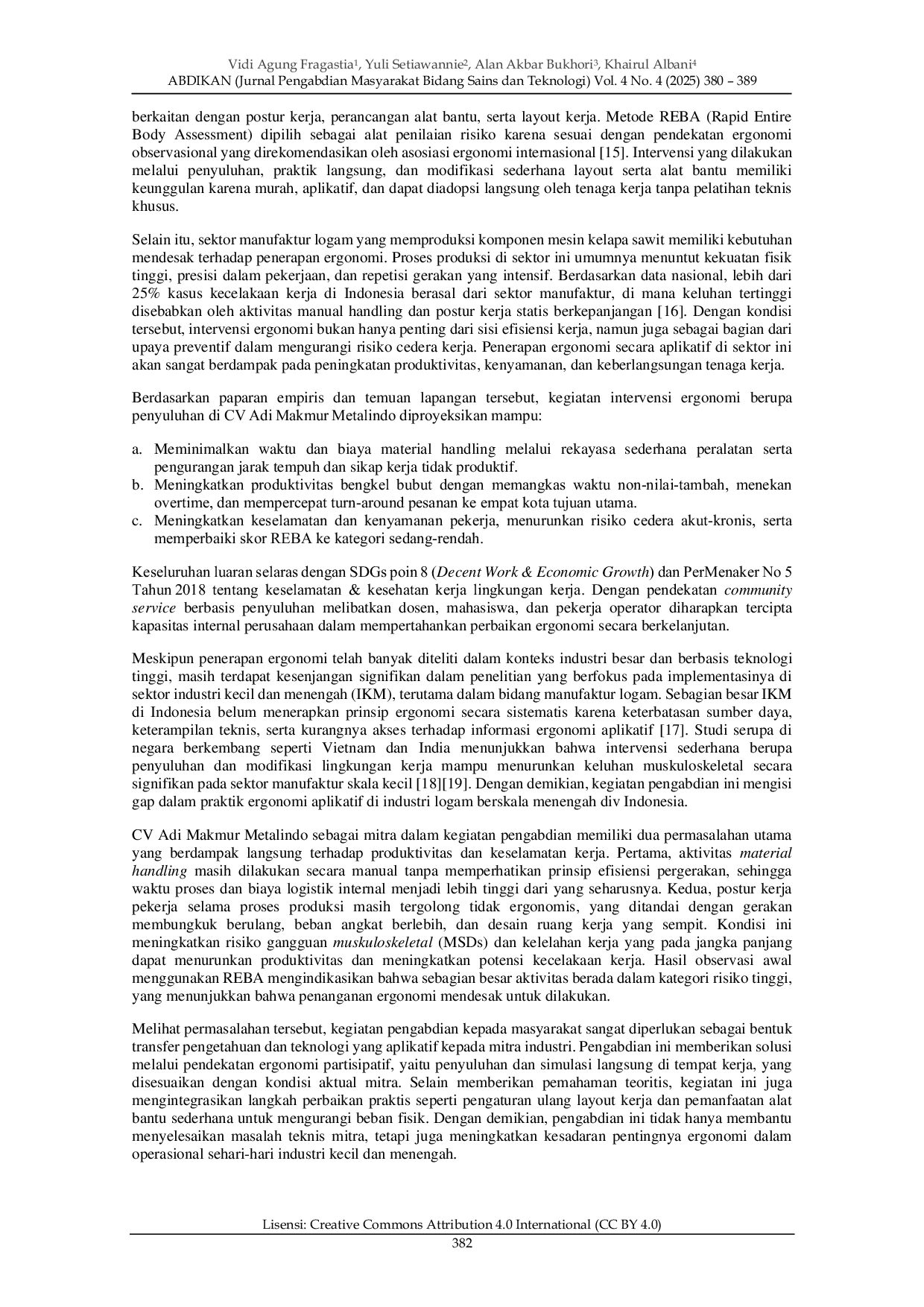 JURIS Optimalisasi Proses Kerja melalui Intervensi Ergonomi dan Rekayasa Material Handling Studi Kasus Peningkatan Efisiensi dan Kenyamanan Pekerja di CV Adi Makmur Metalindo