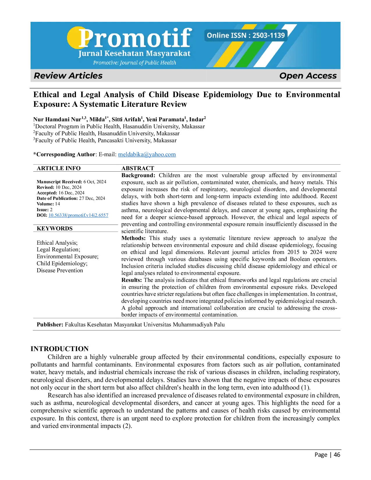 JURIS Ethical and Legal Analysis of Child Disease Epidemiology Due to Environmental Exposure A Systematic Literature Review