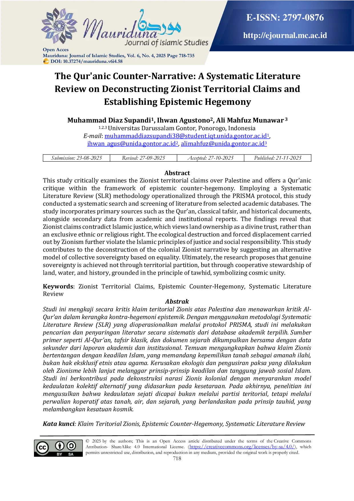 JURIS The Qur anic Counter Narrative A Systematic Literature Review on Deconstructing Zionist Territorial Claims and Establishing Epistemic Hegemony