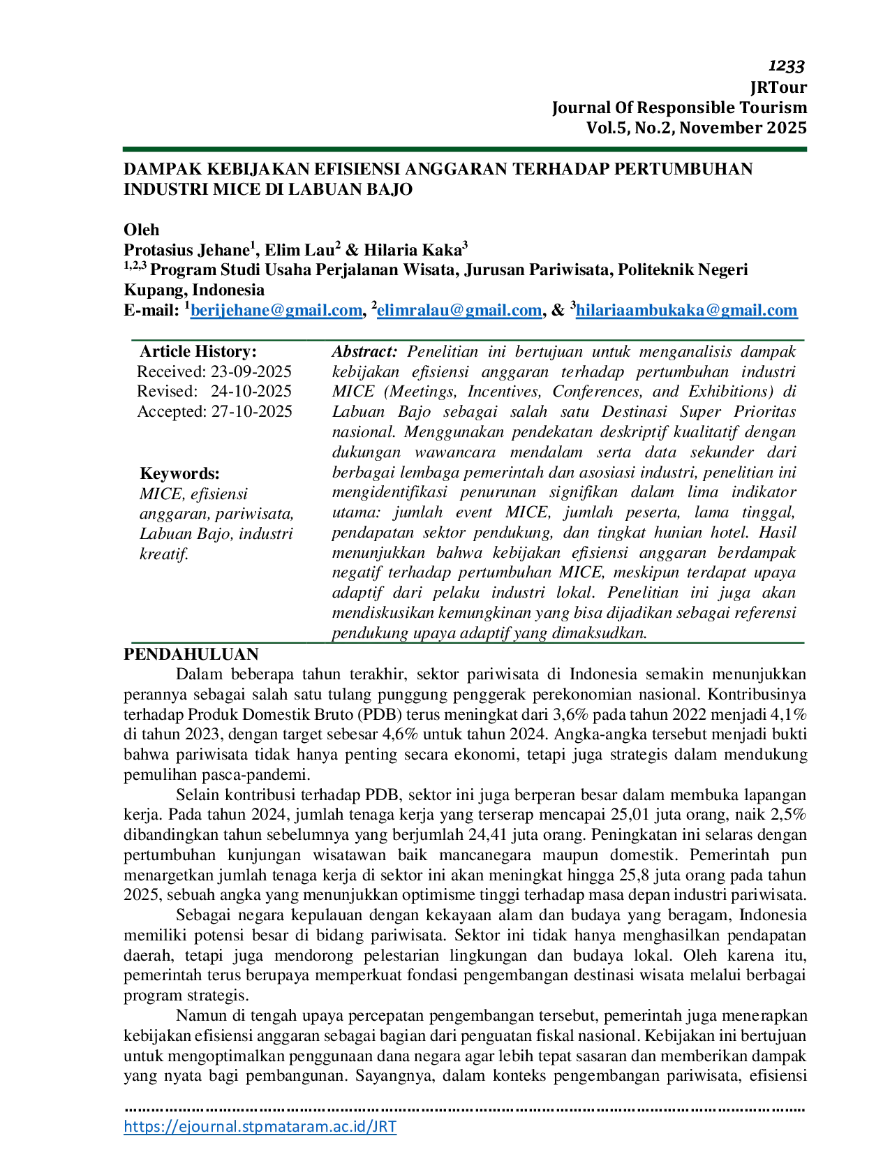 JURIS Dampak Kebijakan Efisiensi Anggaran Terhadap Pertumbuhan Industri Mice Di Labuan Bajo