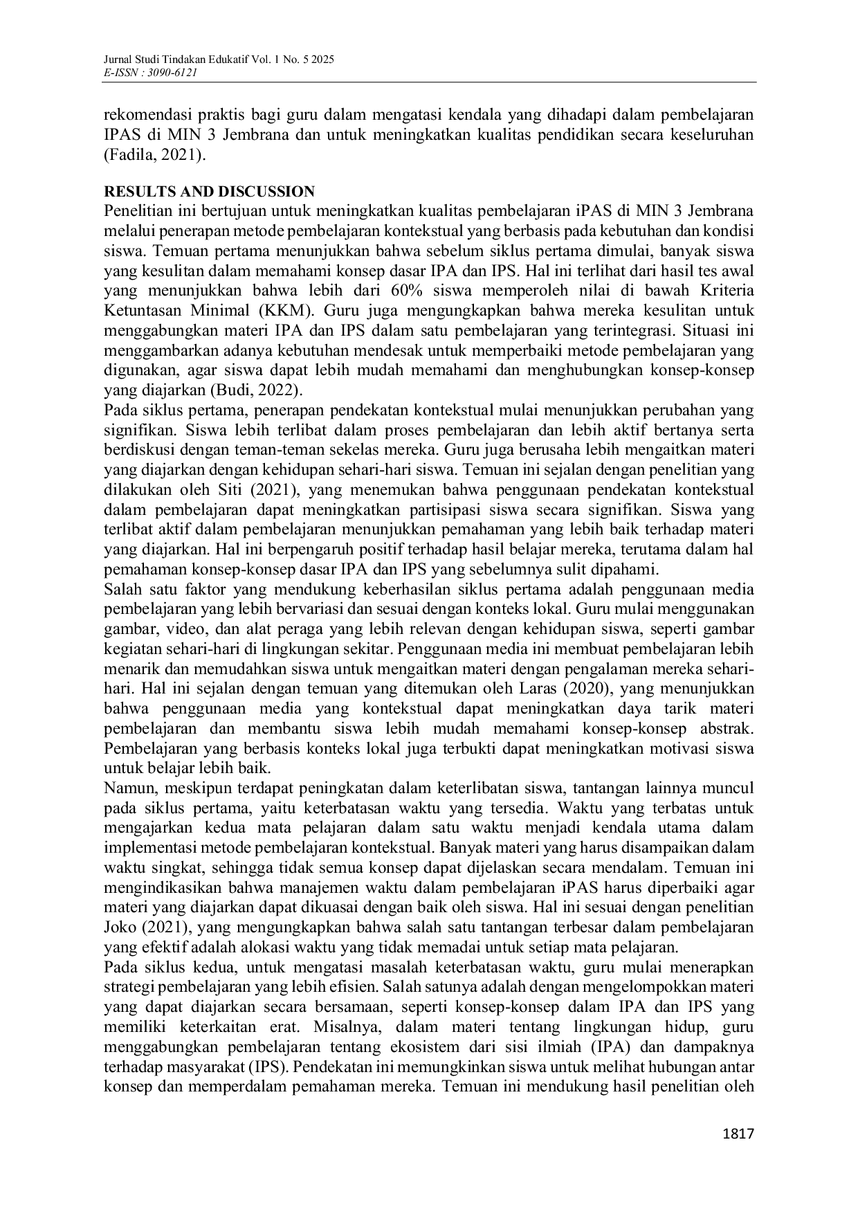 JURIS Pengembangan Pembelajaran IPAS Ilmu Pengetahuan Alam dan Sosial Berbasis Pendekatan Kontekstual untuk Meningkatkan Pemahaman Siswa di MIN 3 Jembrana