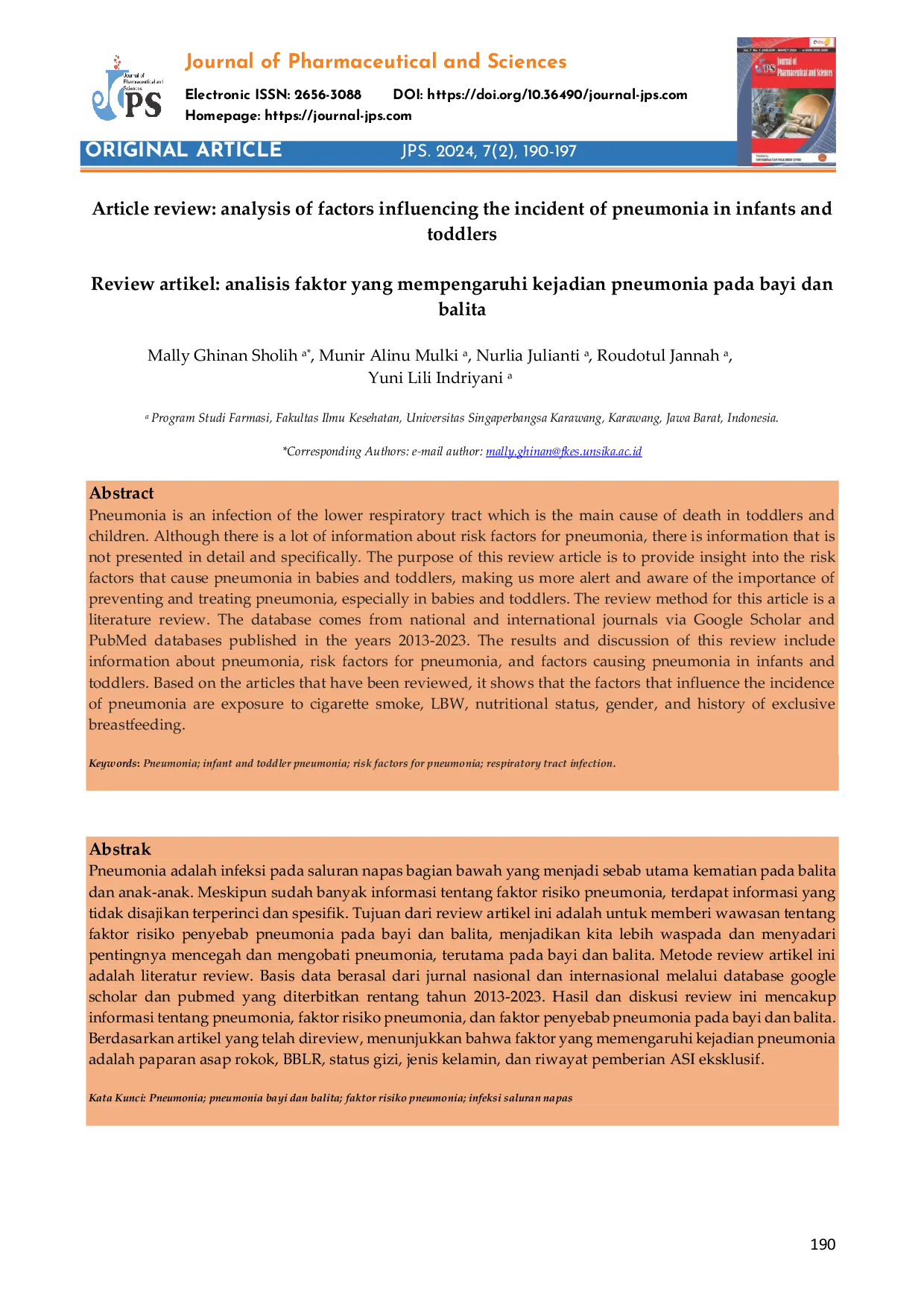 JURIS Article review analysis of factors influencing the incident of pneumonia in infants and toddlers