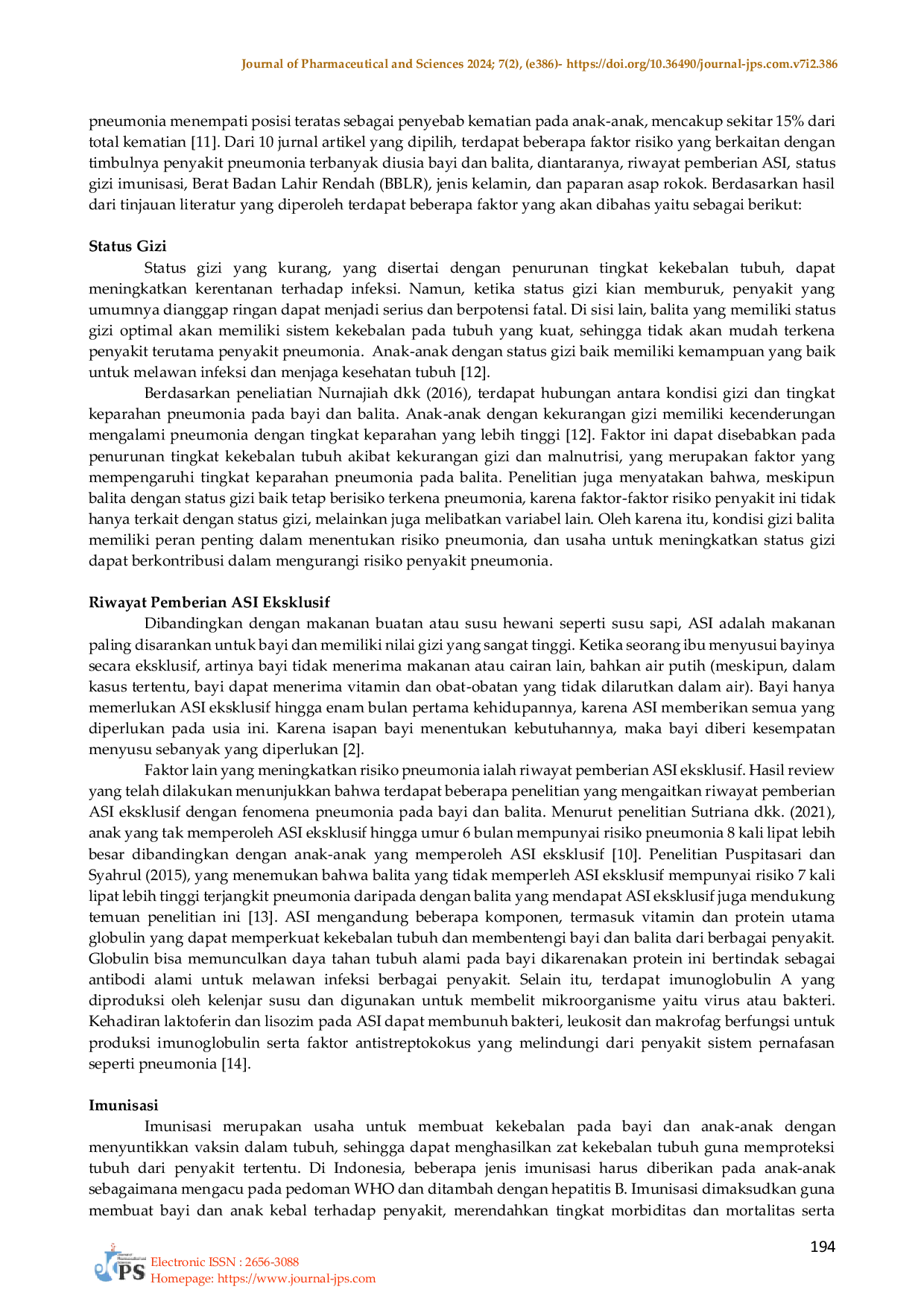 JURIS Article review analysis of factors influencing the incident of pneumonia in infants and toddlers