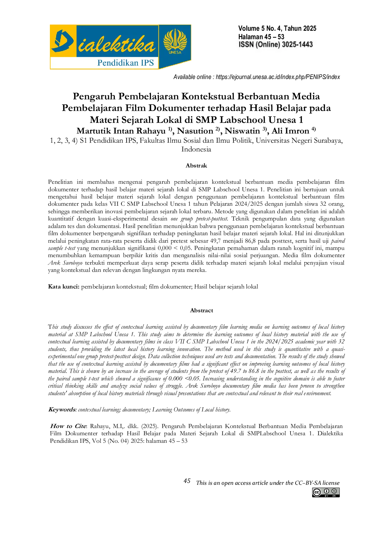 JURIS Pengaruh Pembelajaran Kontekstual berbantuan Media Pembelajaran Film Dokumenter terhadap Hasil Belajar pada Materi Sejarah Lokal di SMP Labschool Unesa 1