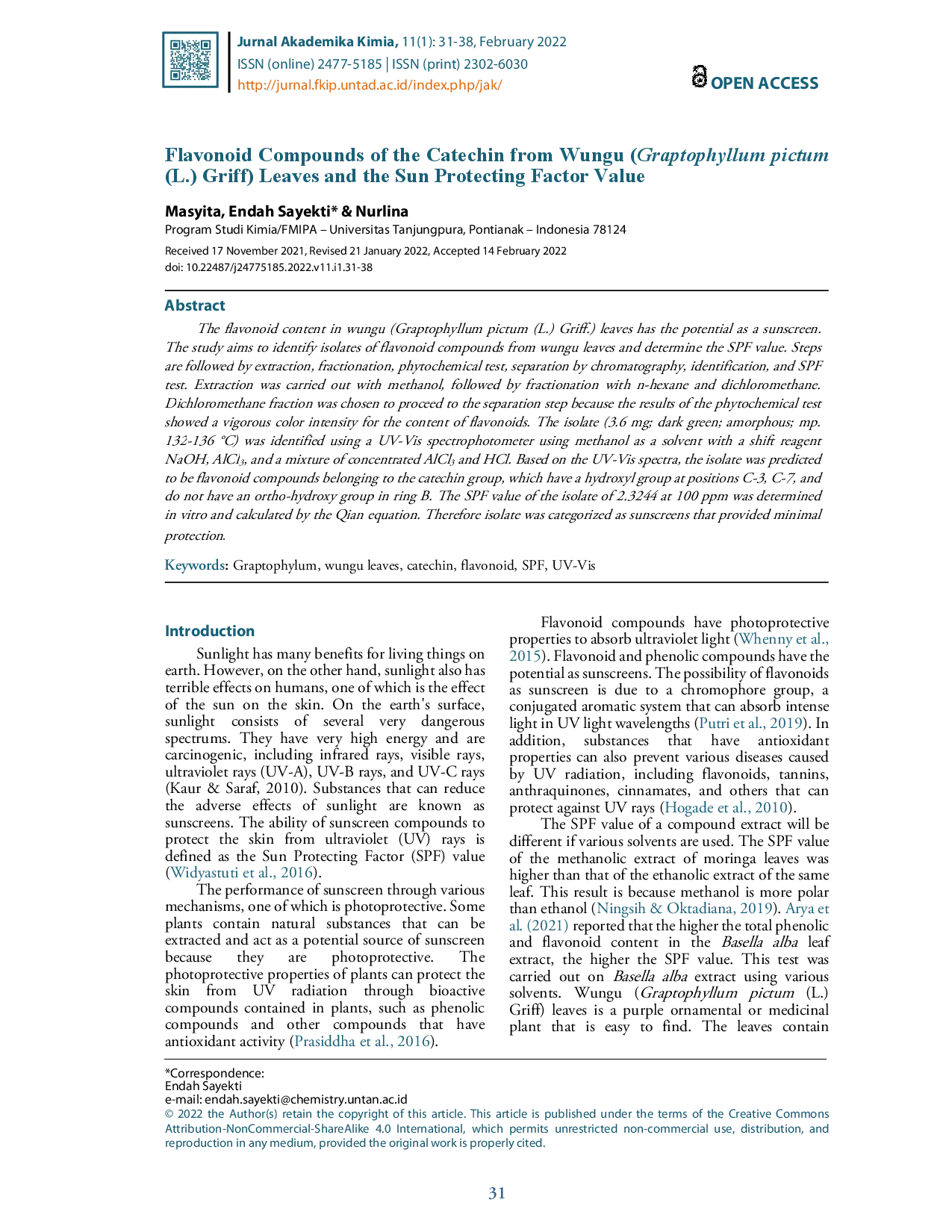 juris Flavonoid Compounds of the Catechin from Wungu Graptophyllum pictum L Griff Leaves and the Sun Protecting Factor Value