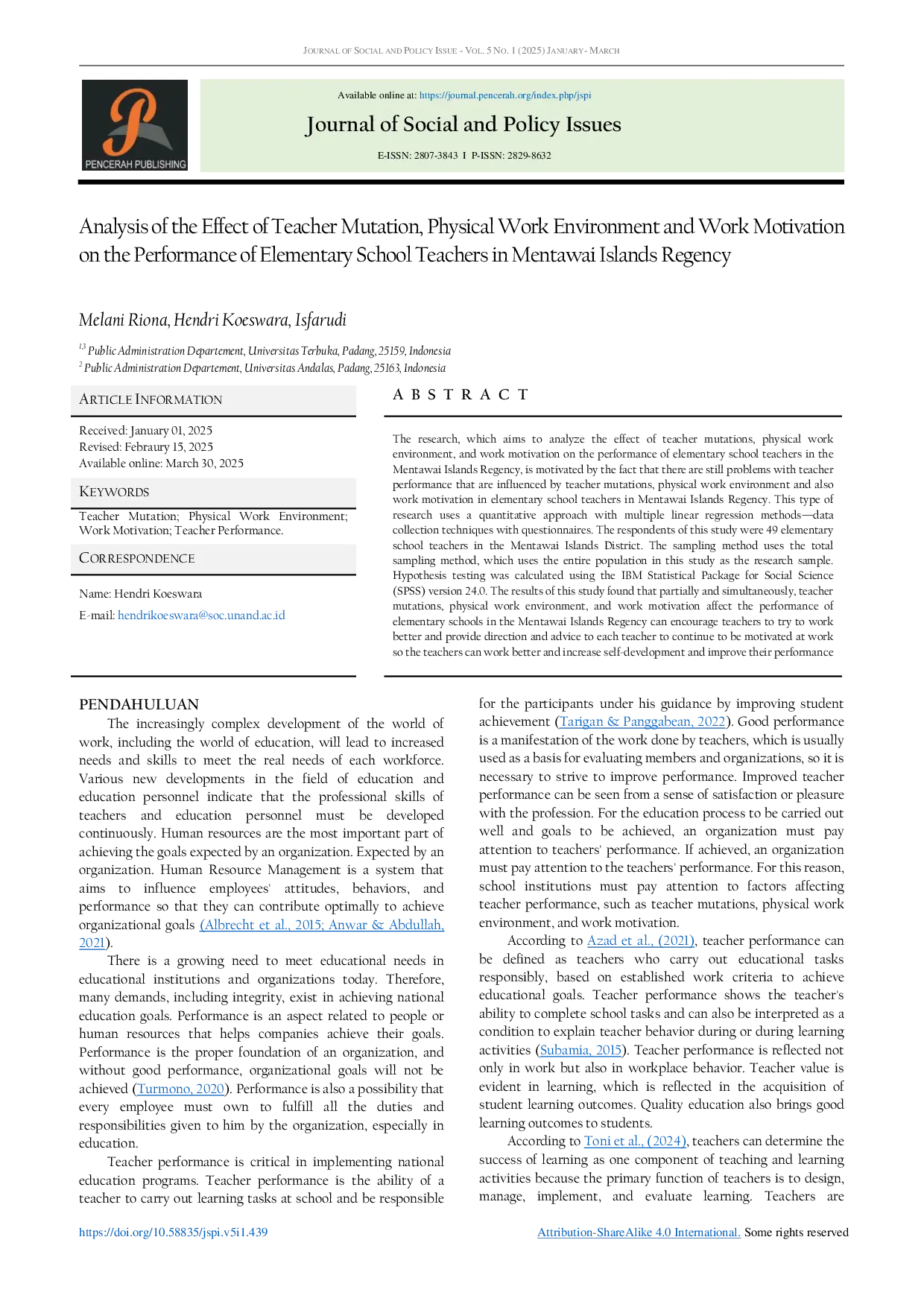 JURIS Analysis of the Effect of Teacher Mutation Physical Work Environment and Work Motivation on the Performance of Elementary School Teachers in Mentawai Islands Regency English