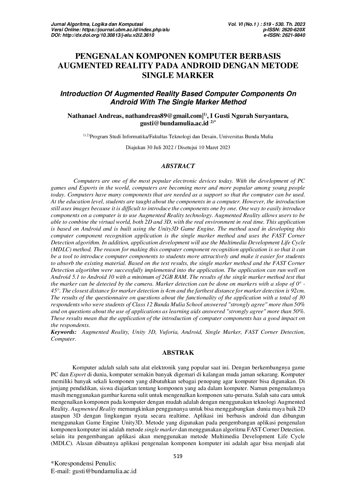 JURIS PENGENALAN KOMPONEN KOMPUTER BERBASIS AUGMENTED REALITY PADA ANDROID DENGAN METODE SINGLE MARKER