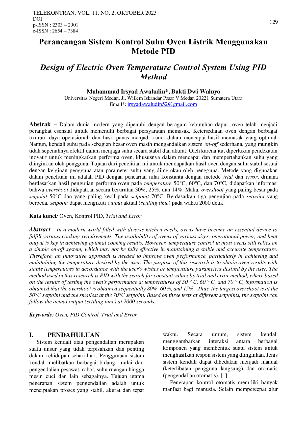 JURIS Design of Electric Oven Temperature Control System Using PID Method