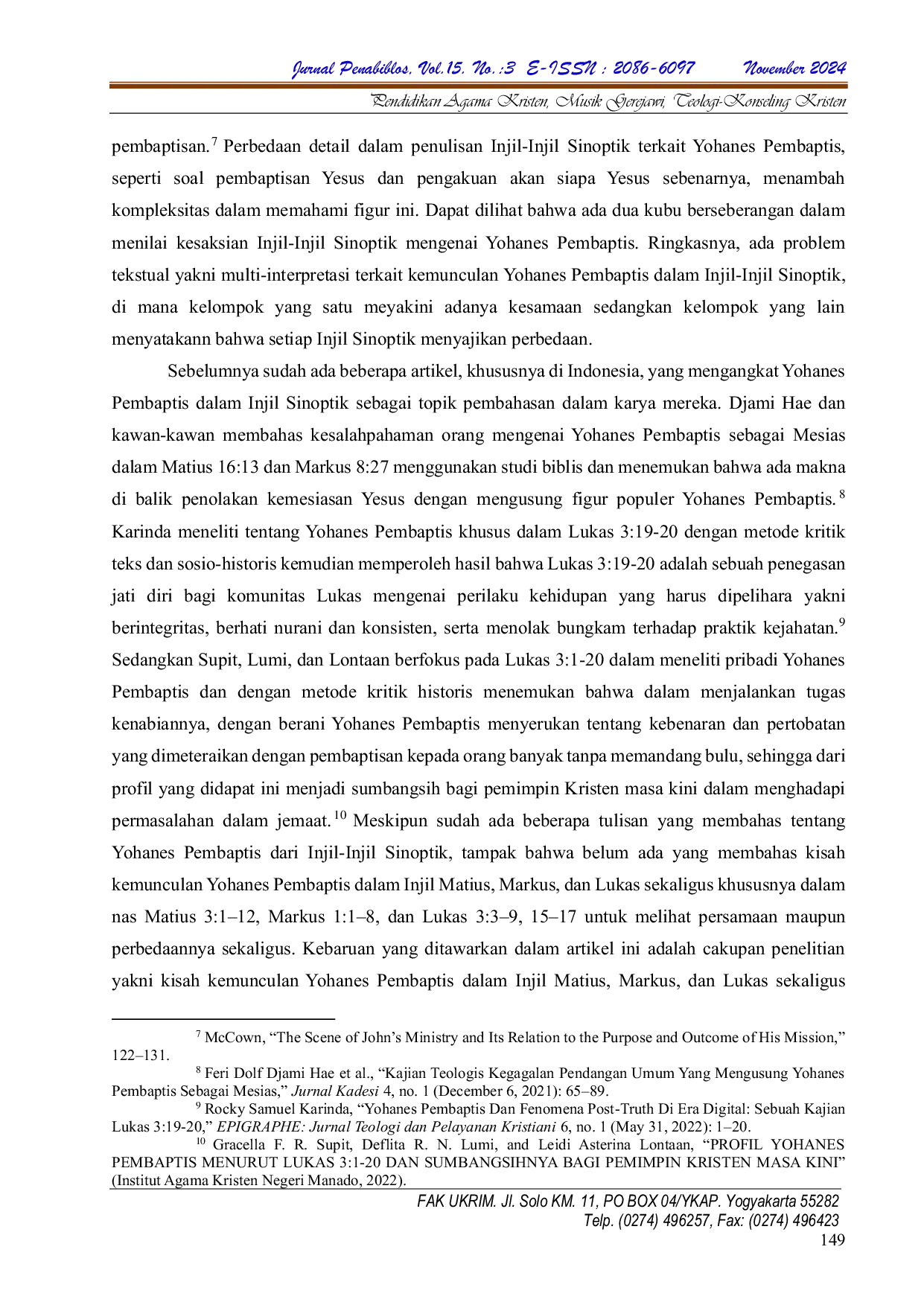 JURIS Kemunculan Yohanes Pembaptis Dalam Lensa Sinoptis Signifikansi Teologis Matius Markus Dan Lukas