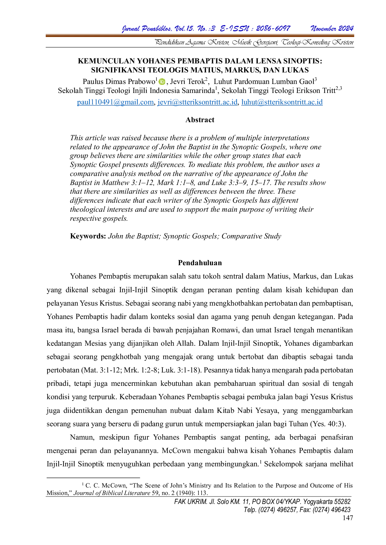 JURIS Kemunculan Yohanes Pembaptis Dalam Lensa Sinoptis Signifikansi Teologis Matius Markus Dan Lukas