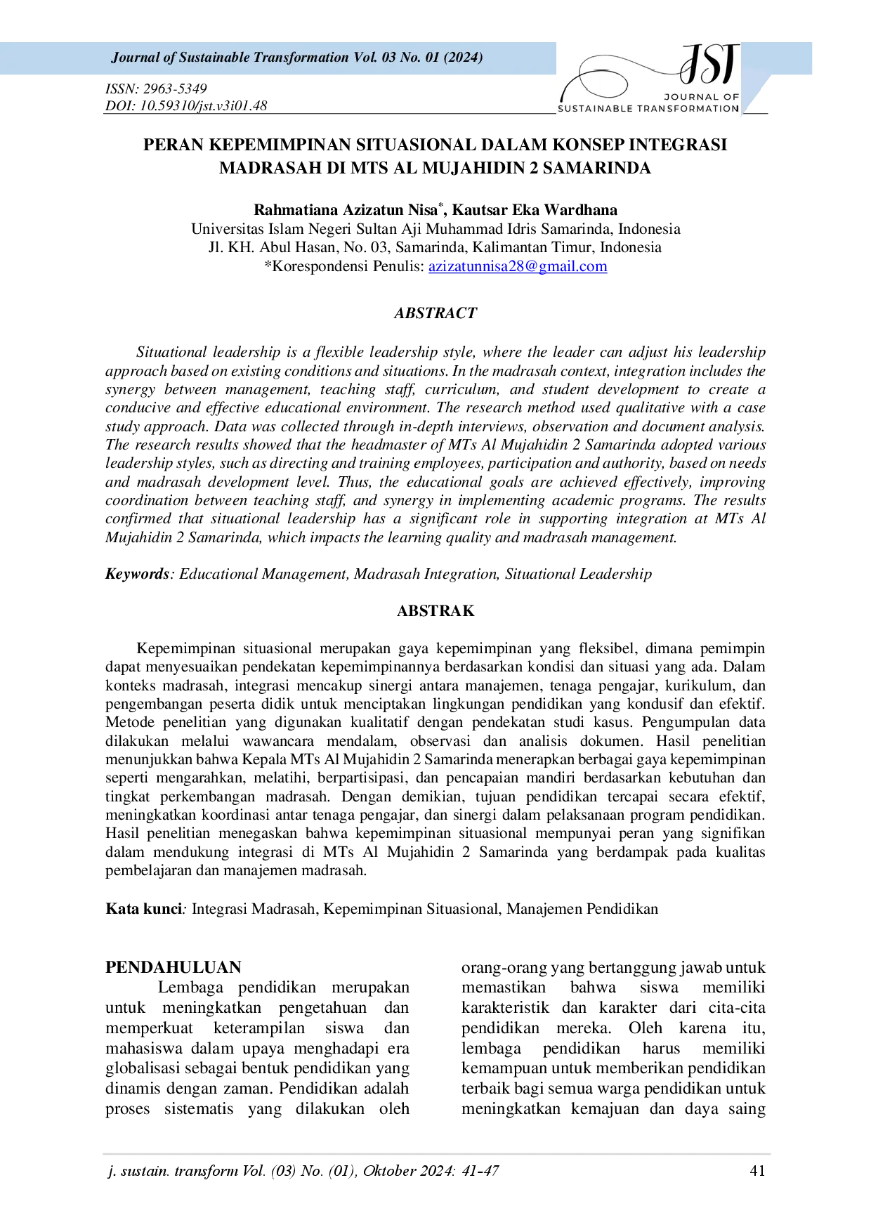 juris Peran Kepemimpinan Situasional Dalam Konsep Integrasi Madrasah di MTS Al Mujahidin 2 Samarinda