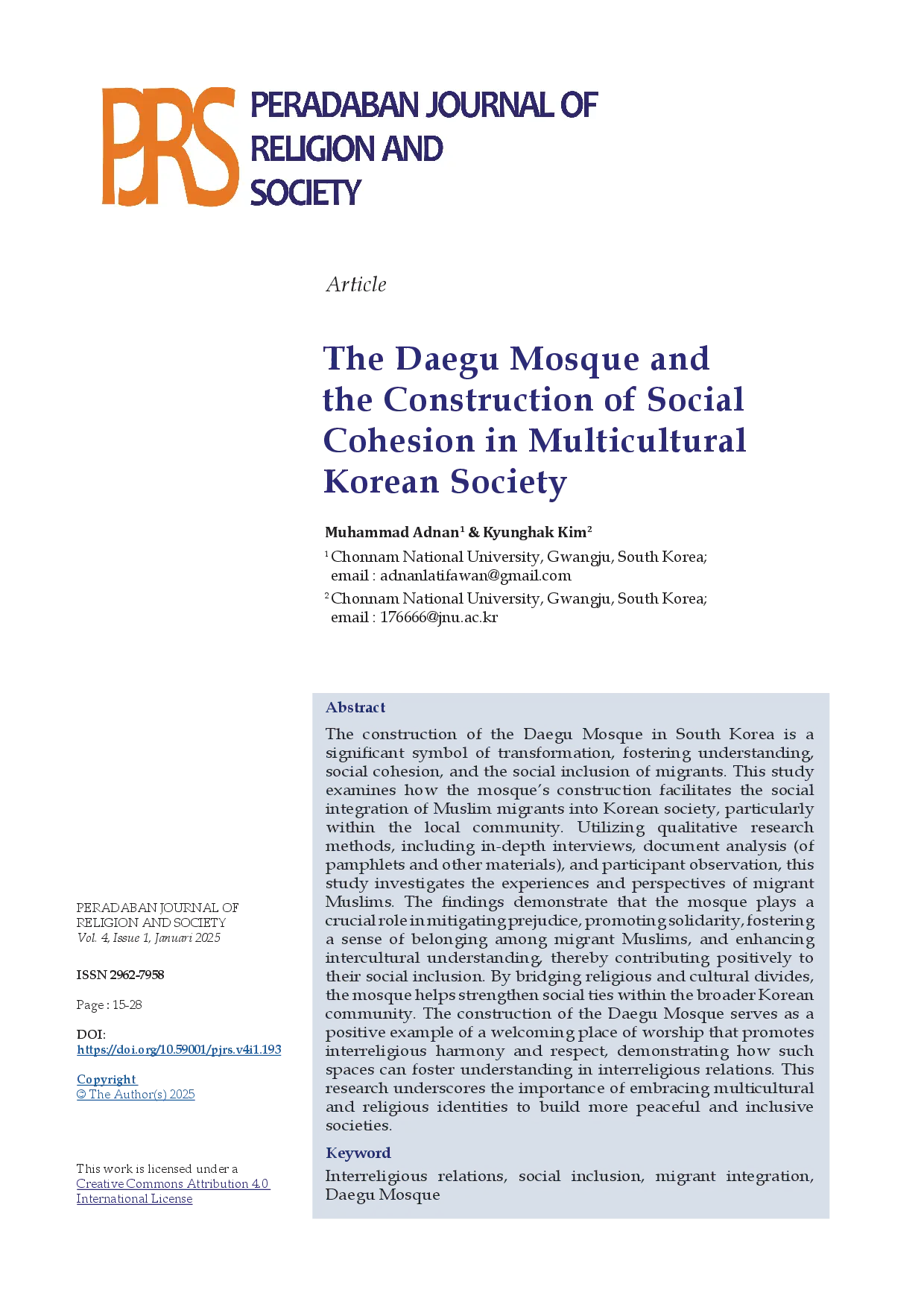 juris The Daegu Mosque and the Construction of Social Cohesion in Multicultural Korean Society