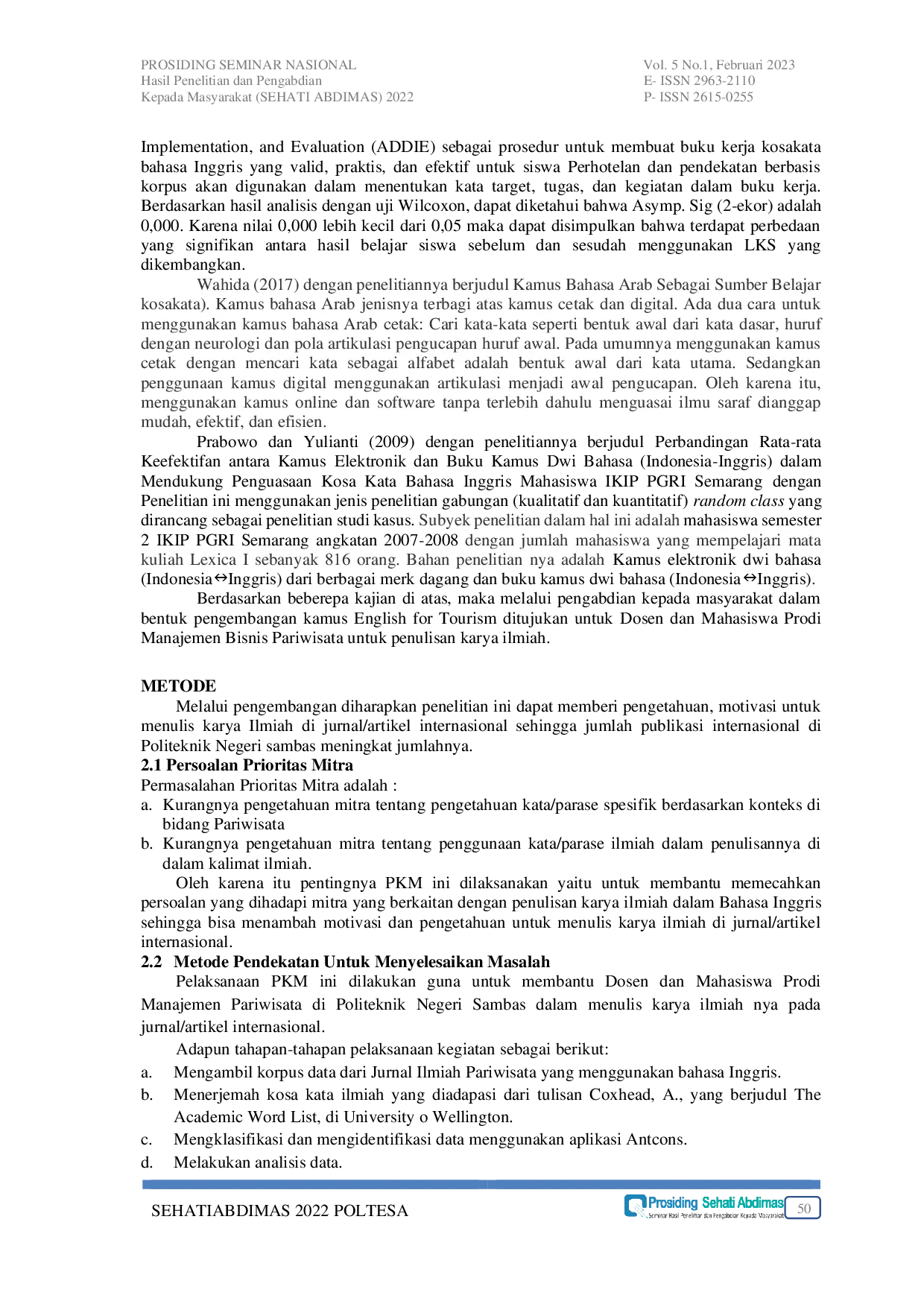 JURIS Pembuatan English Tourism Dictionary untuk Penulisan Karya Ilmiah di Prodi Manajemen Bisnis Pariwisata