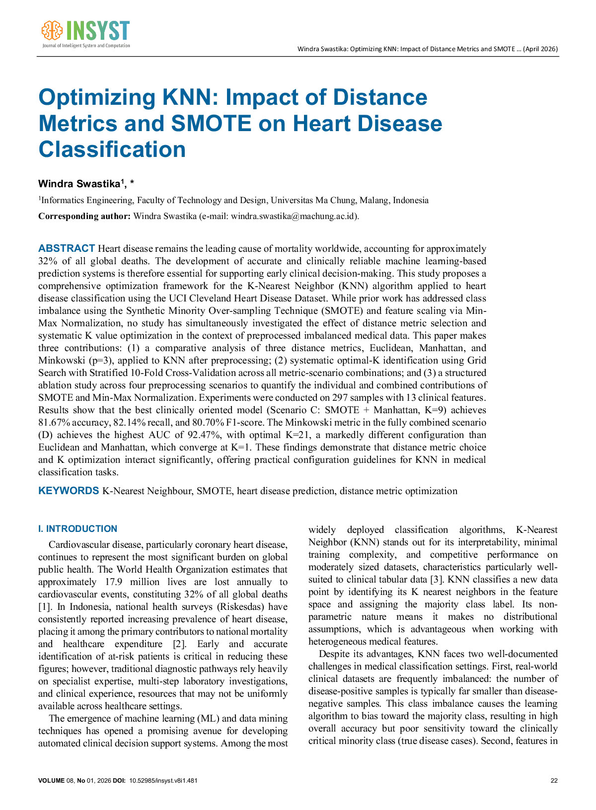 JURIS Optimizing KNN Impact of Distance Metrics and SMOTE on Heart Disease Classification
