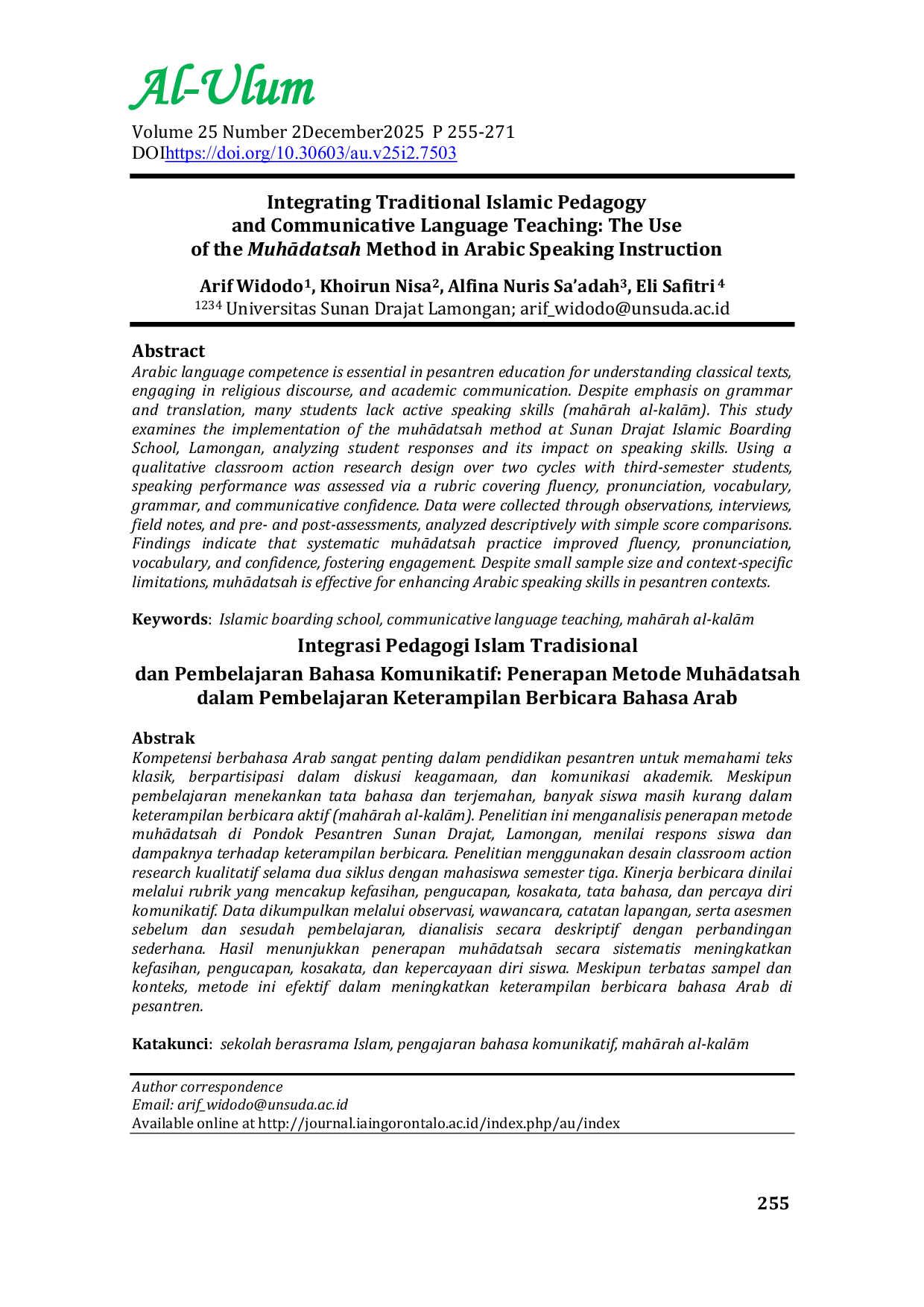 JURIS Integrating Traditional Islamic Pedagogy and Communicative Language Teaching The Use of the MuhAdatsah Method in Arabic Speaking Instruction