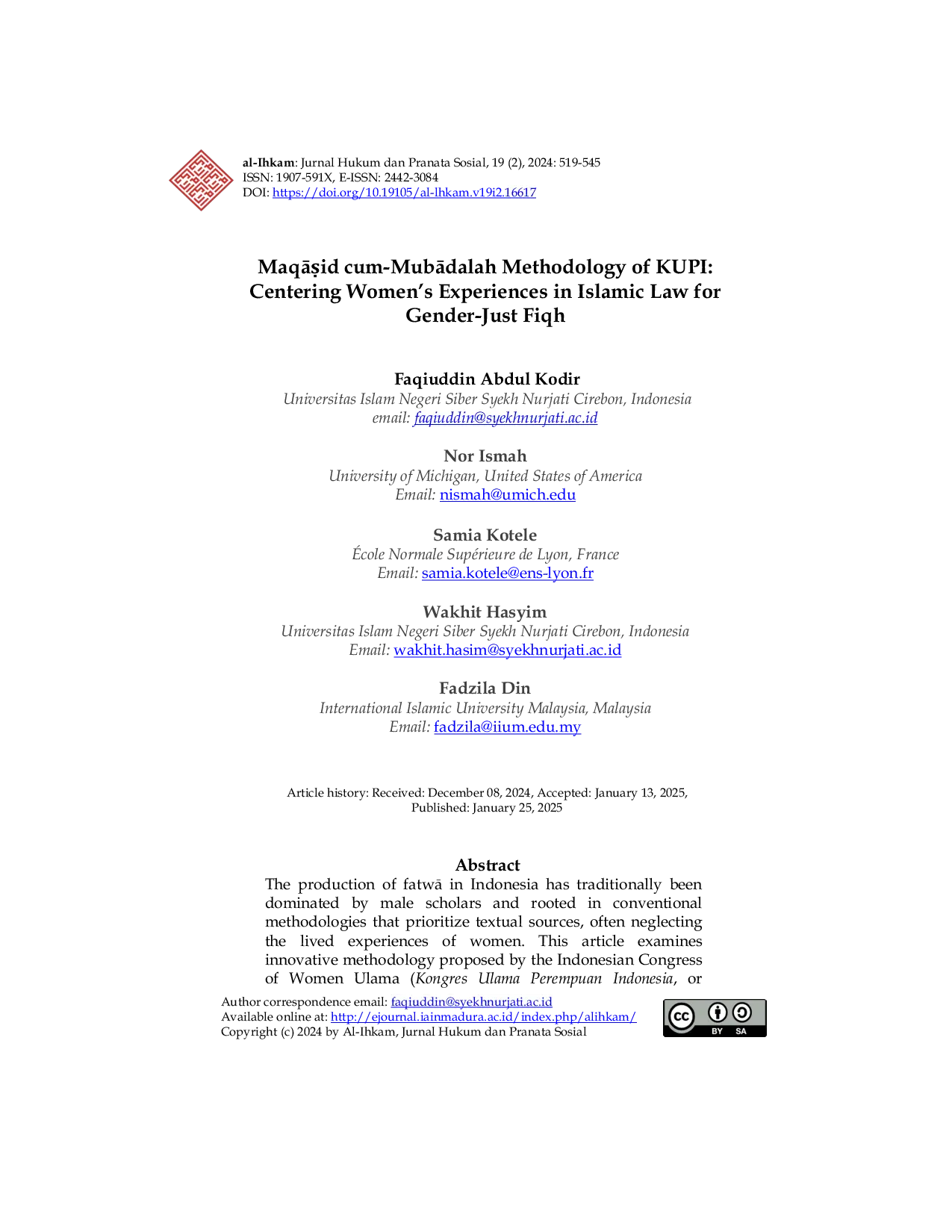 JURIS MaqAid cum MubAdalah Methodology of KUPI Centering Women s Experiences in Islamic Law for Gender Just Fiqh