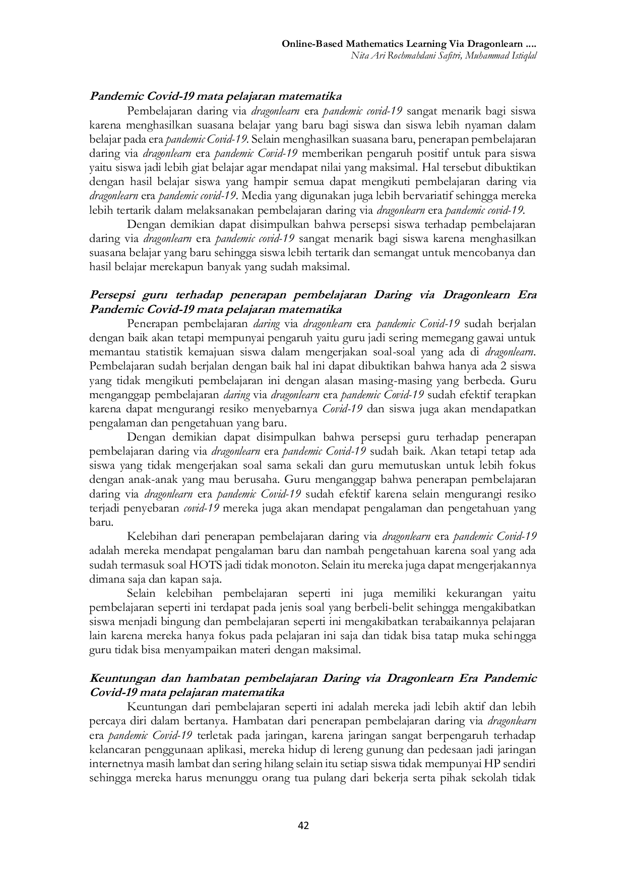 JURIS Online Based Mathematics Learning Via Dragonlearn In The Covid 19 Pandemic Era