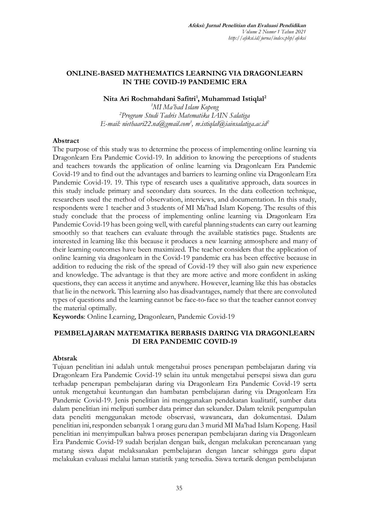 JURIS Online Based Mathematics Learning Via Dragonlearn In The Covid 19 Pandemic Era