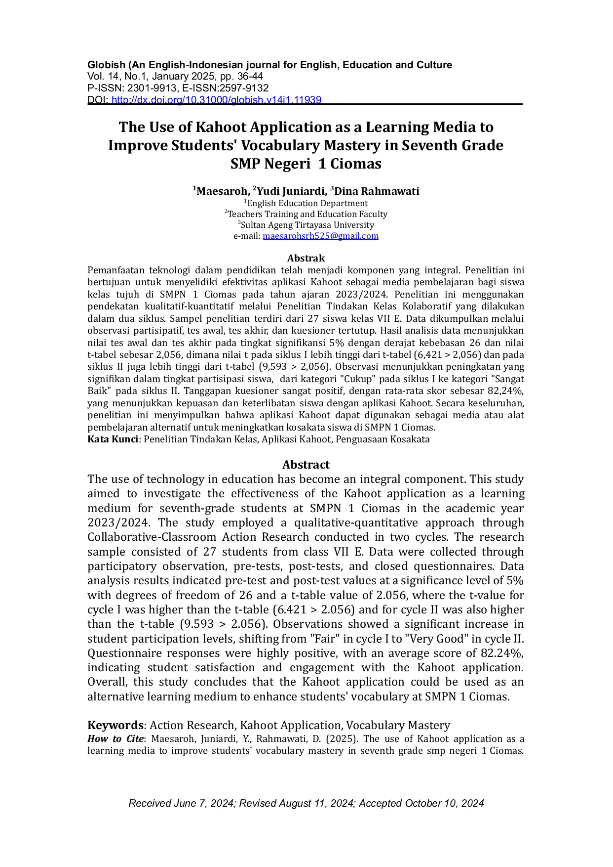 JURIS The Use of Kahoot Application as a Learning Media to Improve Students Vocabulary Mastery in Seventh Grade SMP Negeri 1 Ciomas